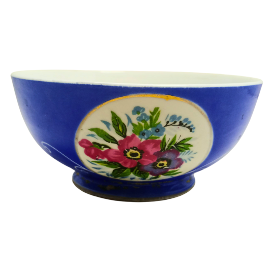 Vintage Japanese Porcelain Bowl – Hand-Painted Floral Design, Blue & White, Made in Japan