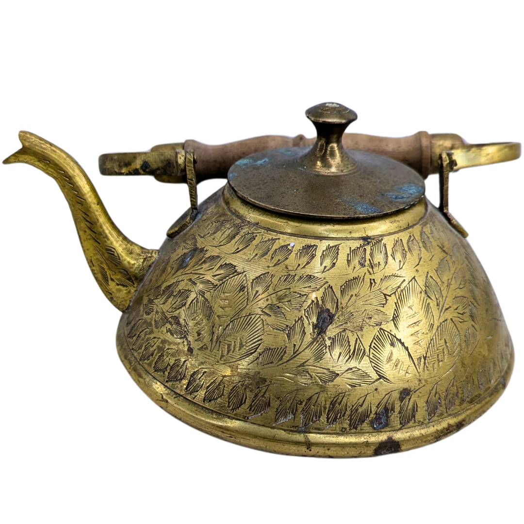 Vintage Engraved Brass Teapot with Wooden Handle – Traditional Handcrafted Kettle