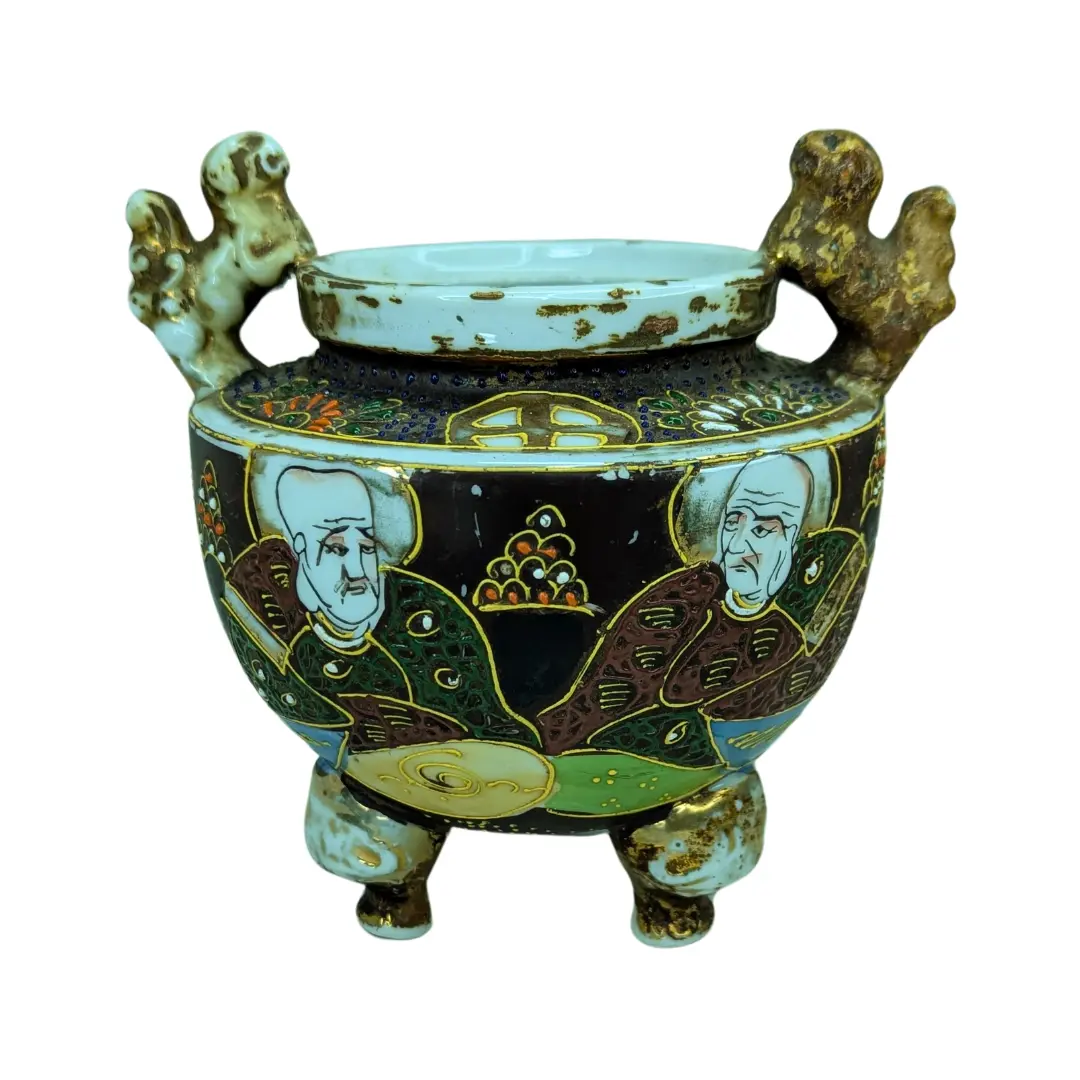 Vintage Hand-Painted Ceramic Decorative Flower Pot with Figural Motifs