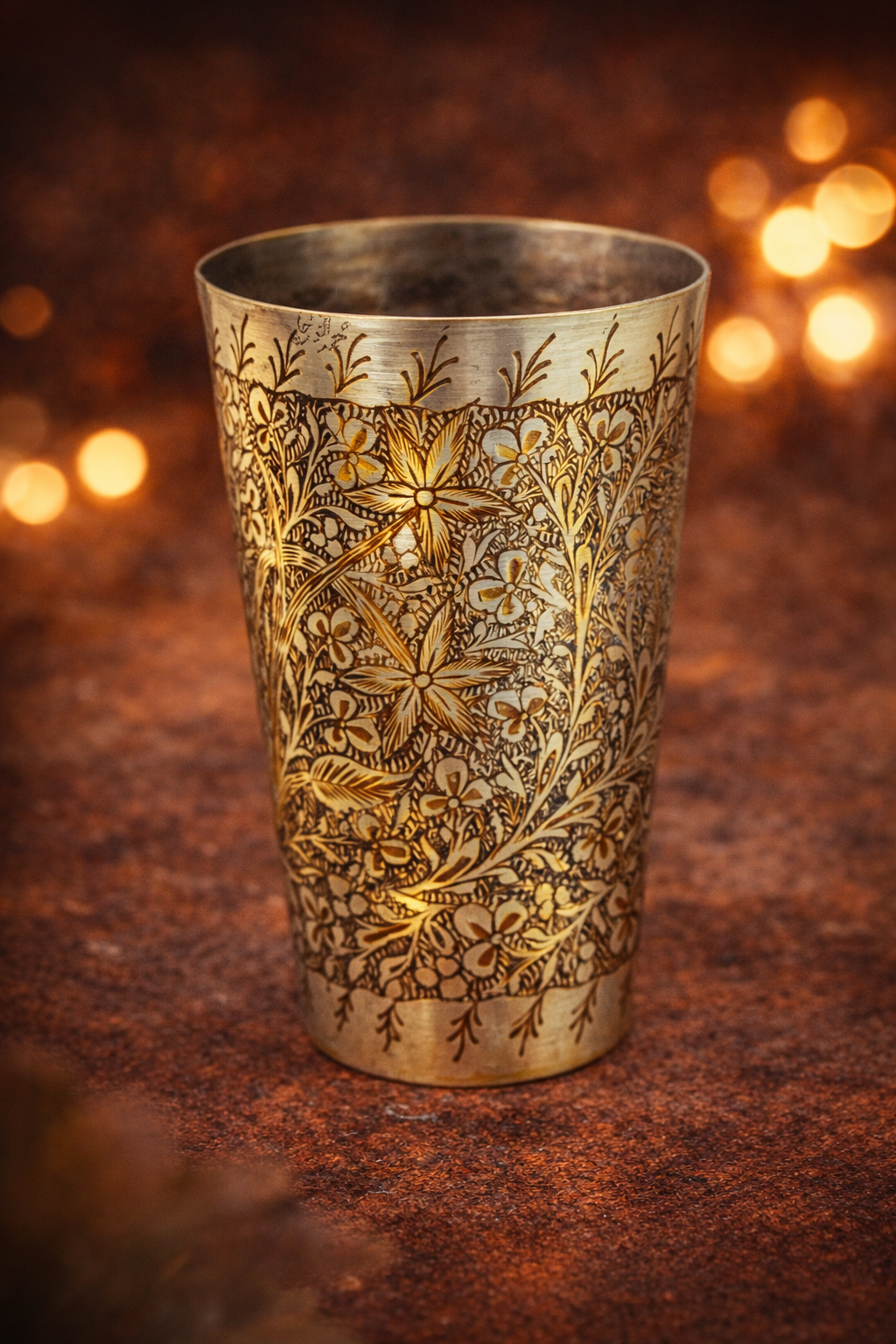 Hand Engraved Brass Glass – Vintage Floral Brass Tumbler for Home Decor & Collectors