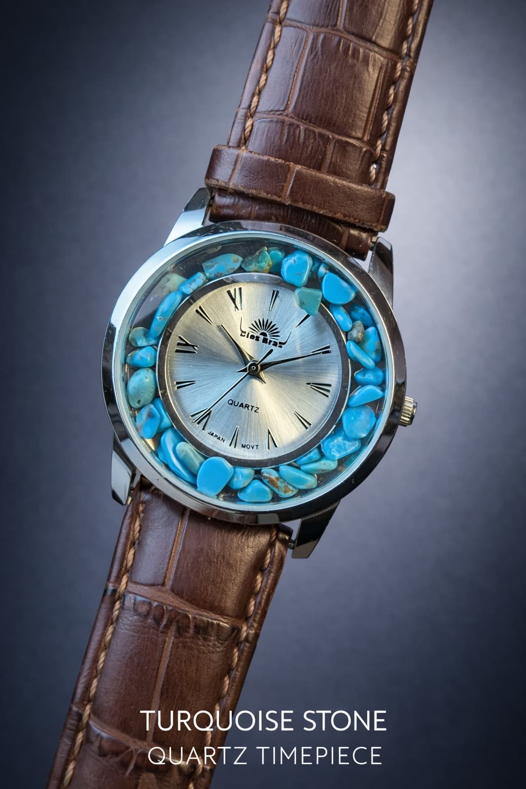 Ladies Vintage Lios Brand Quartz Watch with Turquoise Stone Dial & Brown Leather Strap
