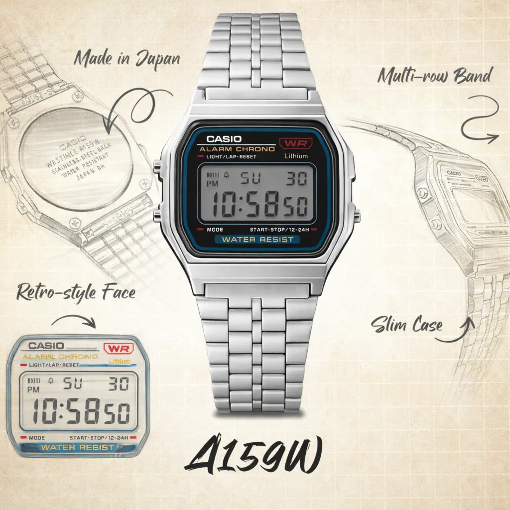 Vintage Casio Unisex Quartz Grey Dial Digital Stainless Steel Watch A159W