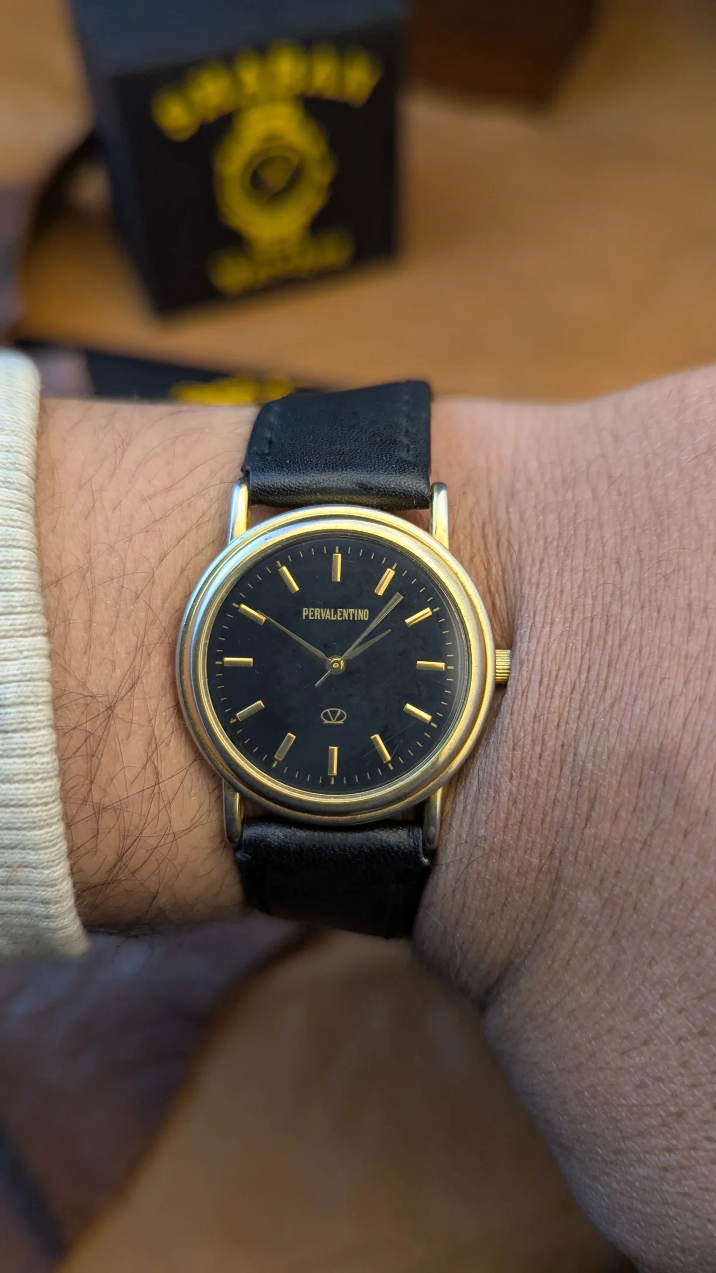 Pervalentino Vintage Black Dial Watch – Gold Tone Case Leather Strap