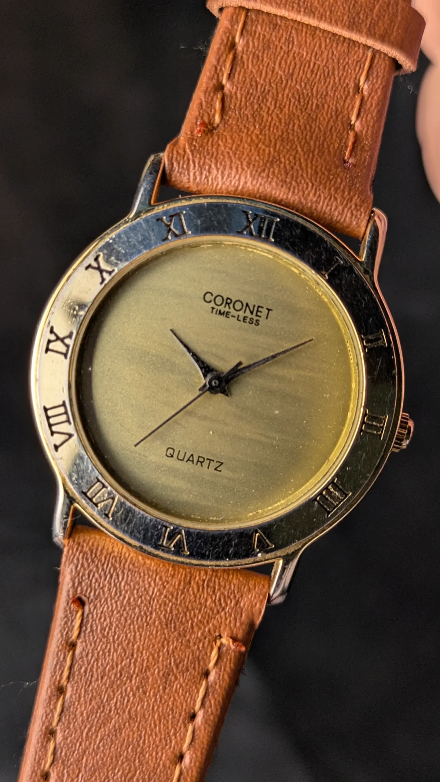 Vintage Coronet Quartz Watch 32mm – Roman Bezel Gold Dial Brown Leather Strap