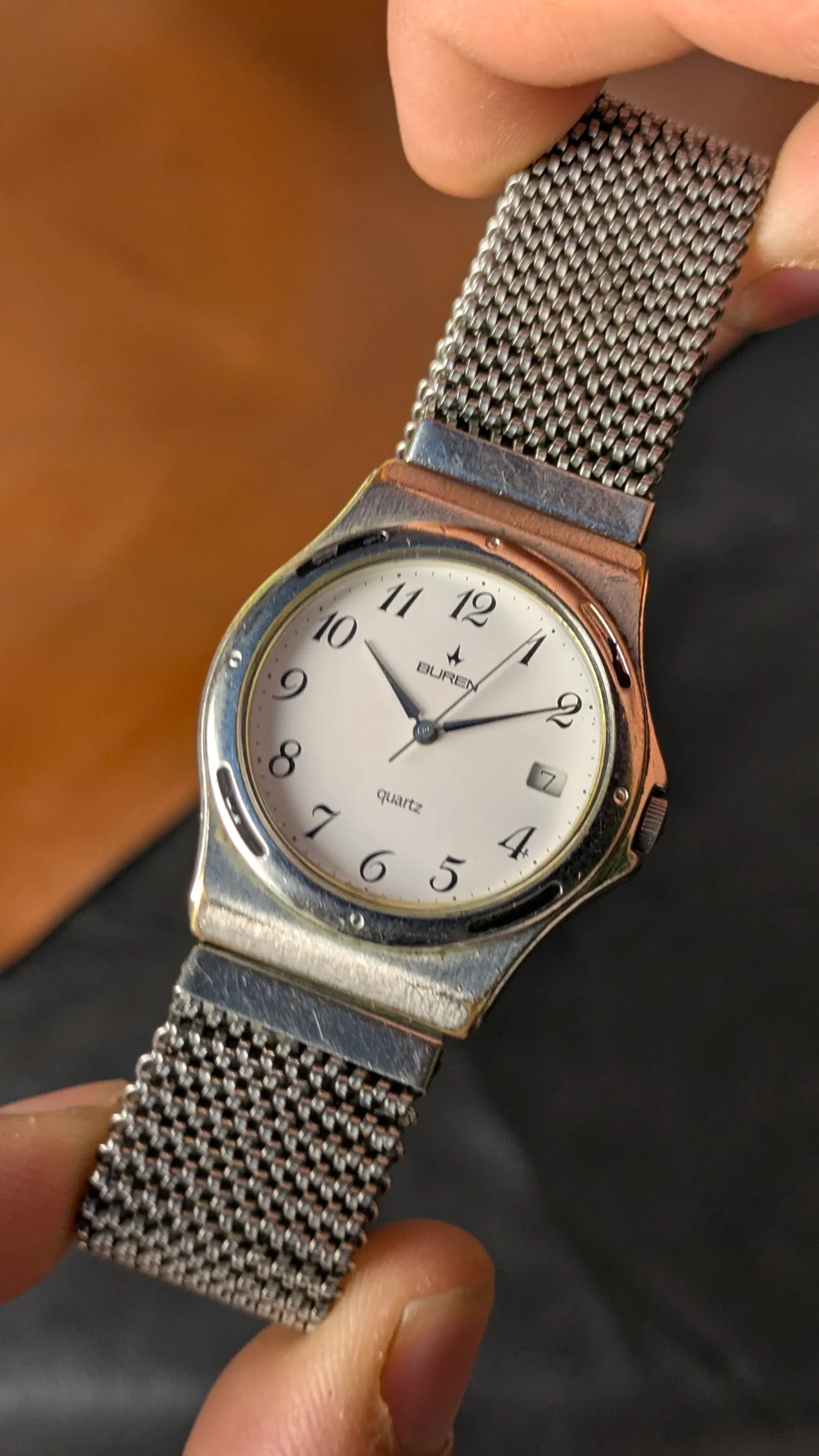 Buren Swiss Quartz Watch 34mm Classic White Dial Date Stainless Steel Mesh Bracelet