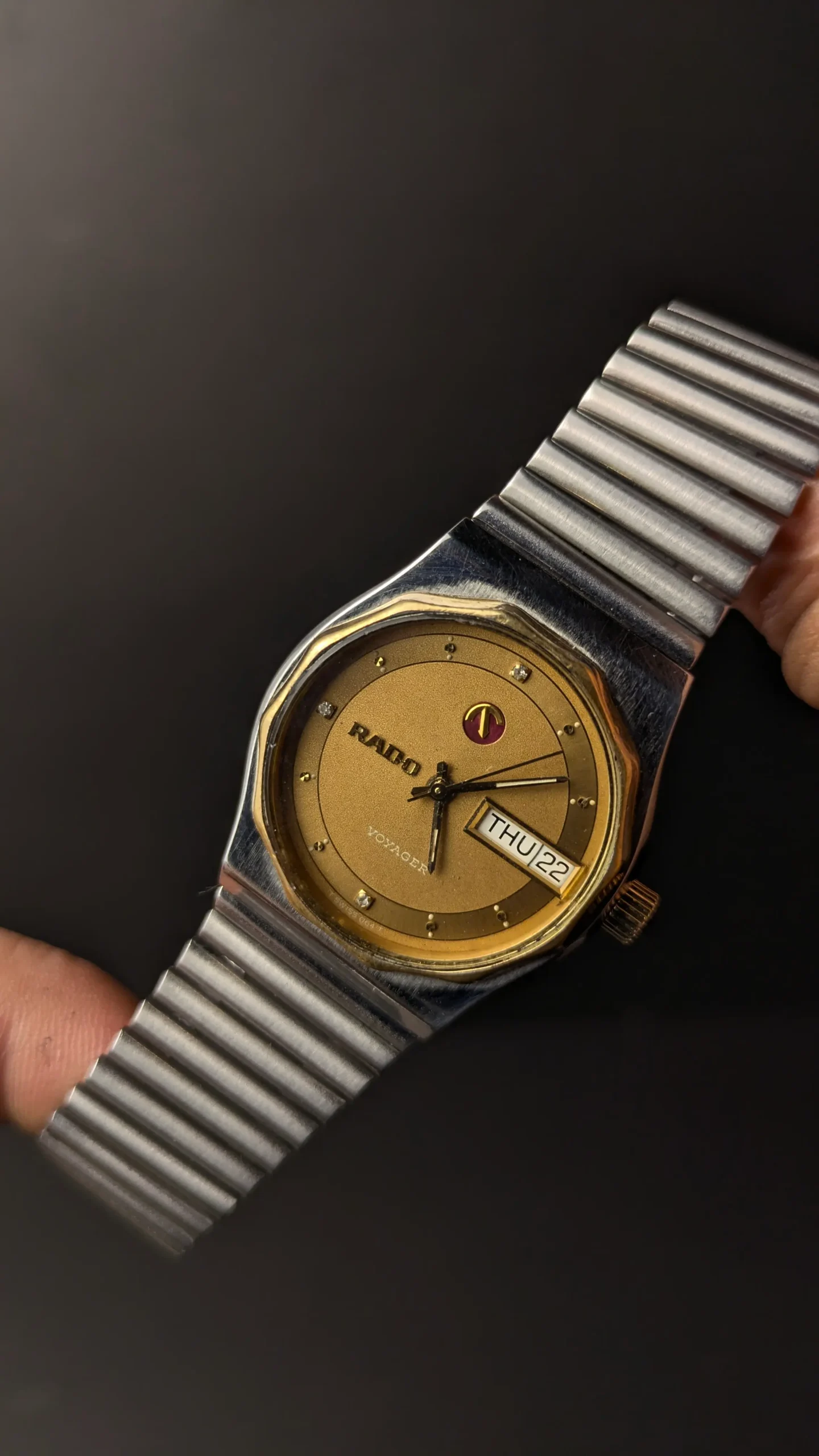 Vintage RADO Voyager Automatic Watch 32mm Gold Dial Stainless Steel Swiss Movement