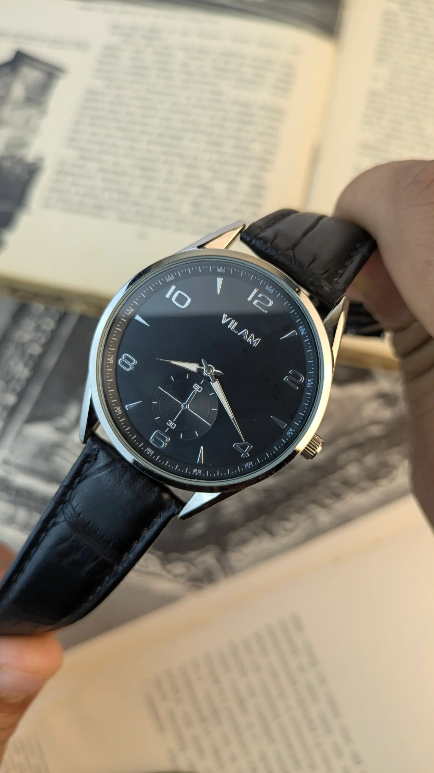 Vilam Classic Black Dial Dress Watch — 40mm Sub-Seconds | Silver-Tone Case | Black Croco Leather Strap