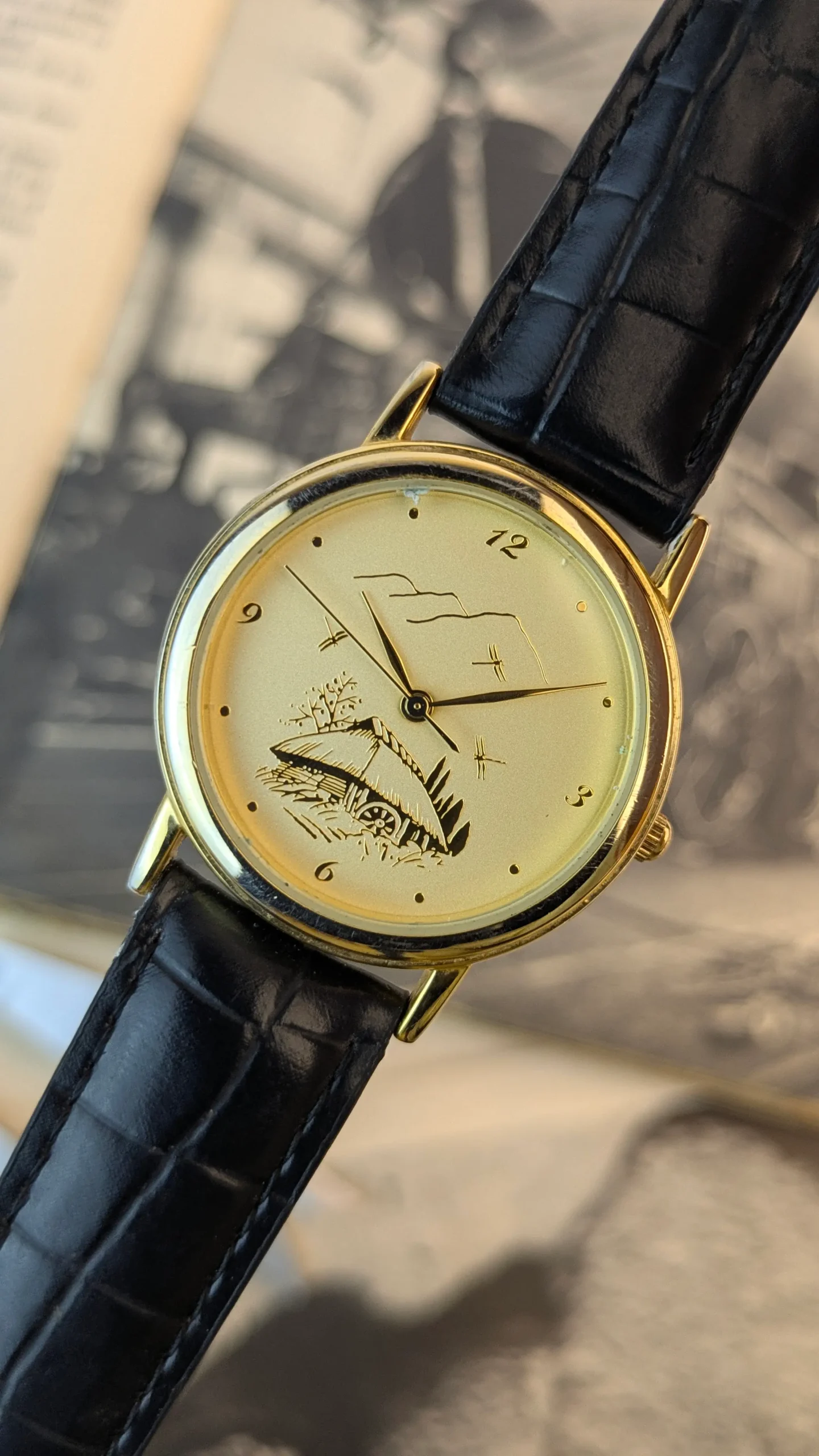 Vintage Minimalist Landscape Dial Watch | Gold Tone Dress Watch with Black Leather Strap