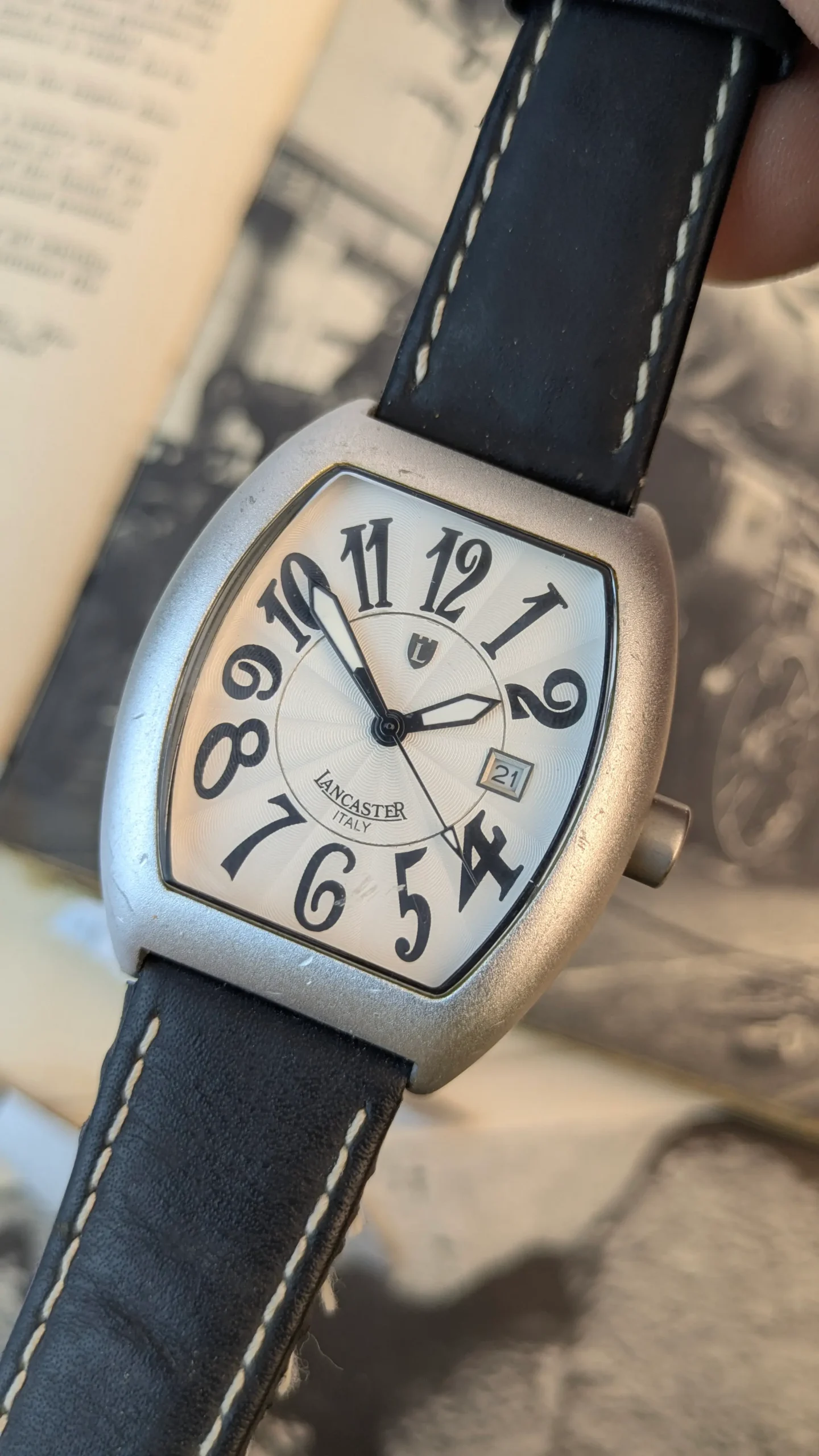 Lancaster Italy Curved Tonneau Watch — Designer Quartz Watch | Silver Dial | Black Leather Strap