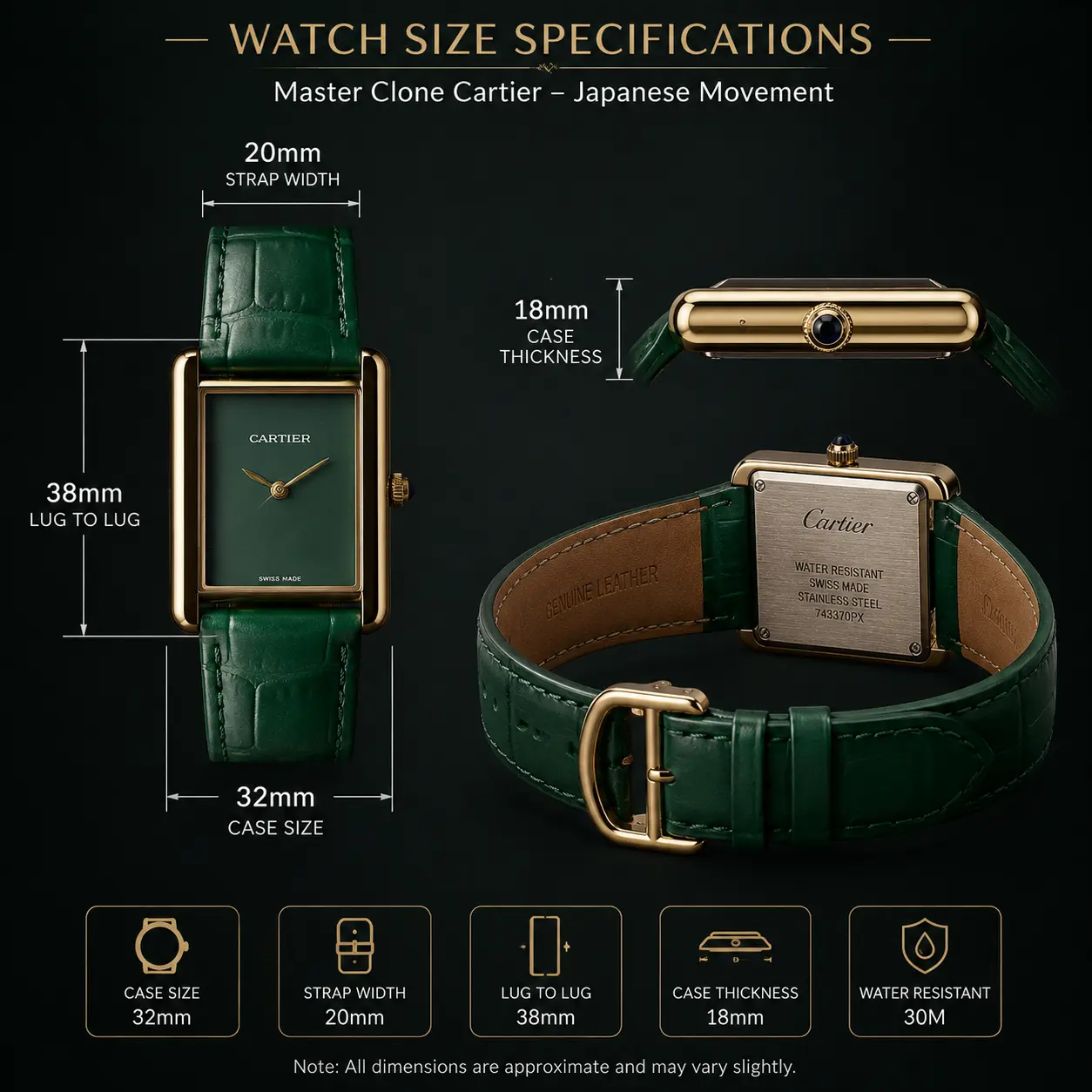 Cartier Green Dial Vintage Watch – Japanese Movement Rectangular Dress Watch
