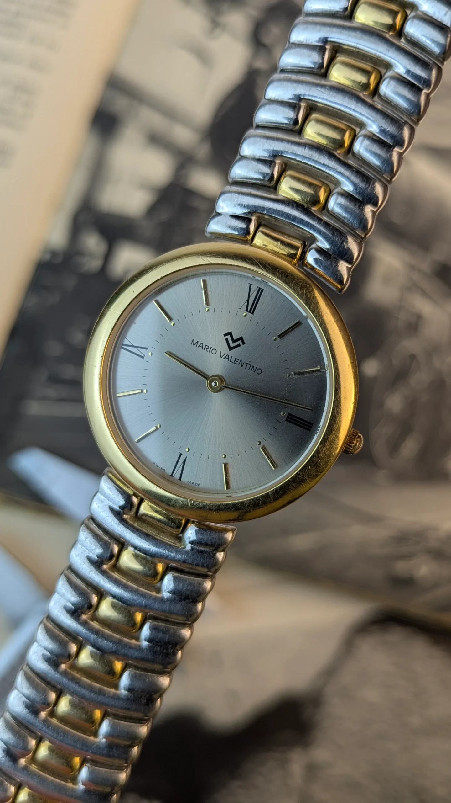 Mario Valentino Swiss Made Two-Tone Stainless Steel Dress Watch – Silver Dial Vintage Wristwatch