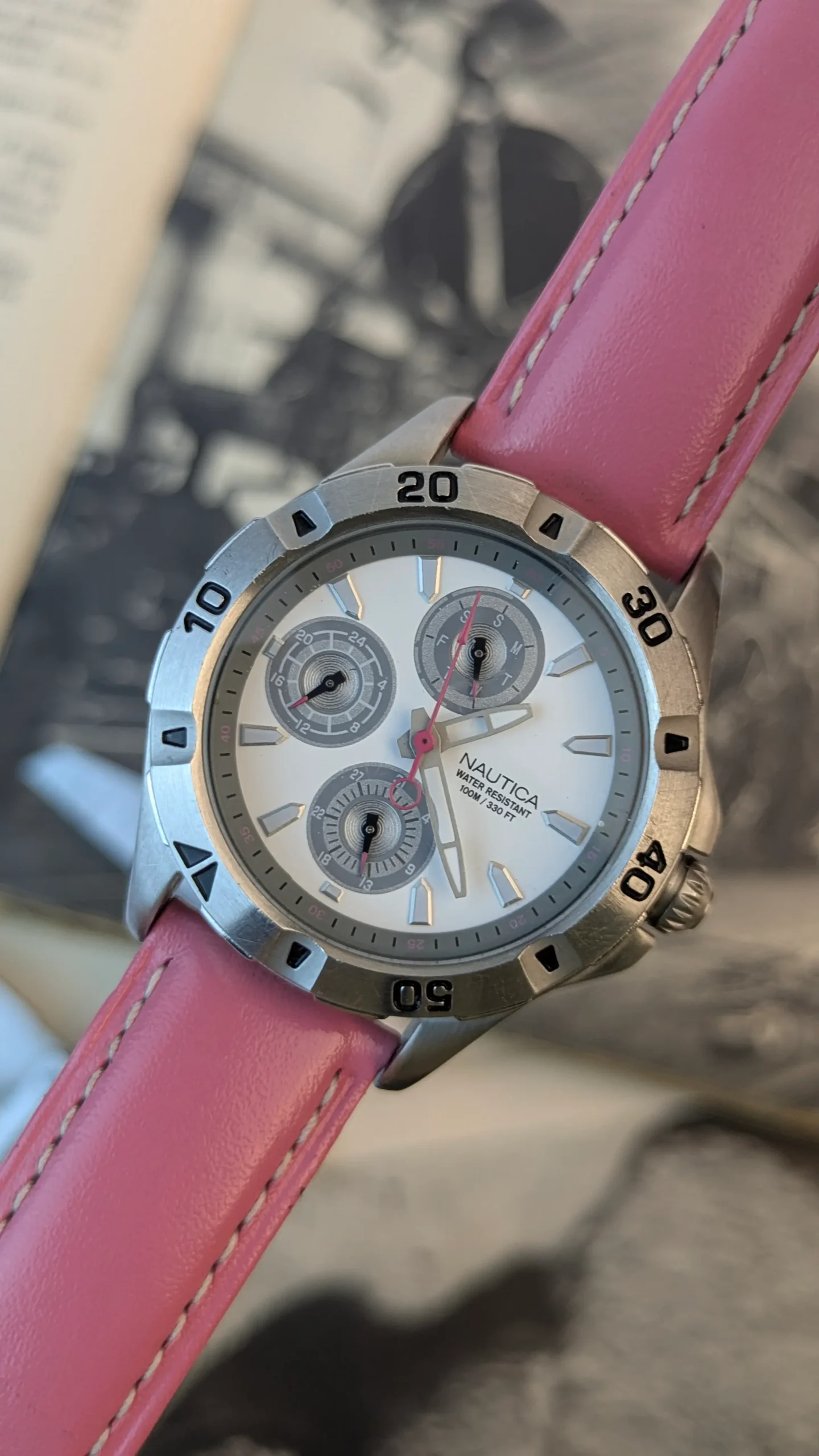 Nautica Women's Sport Watch Pink Leather Strap White Dial 100M Water Resistant Quartz Watch