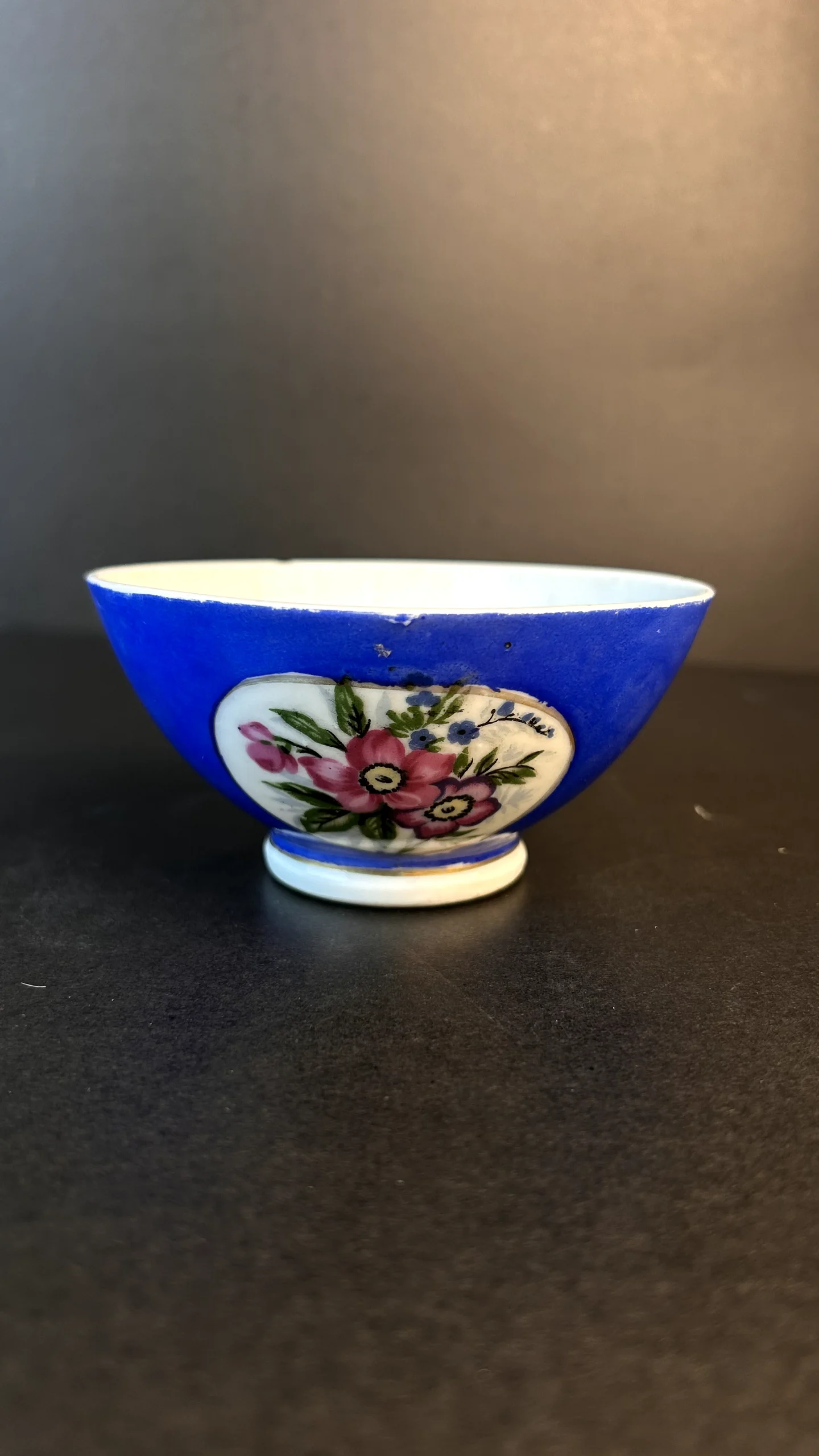 Hand-Painted Blue Floral Porcelain Tea Bowl Japan