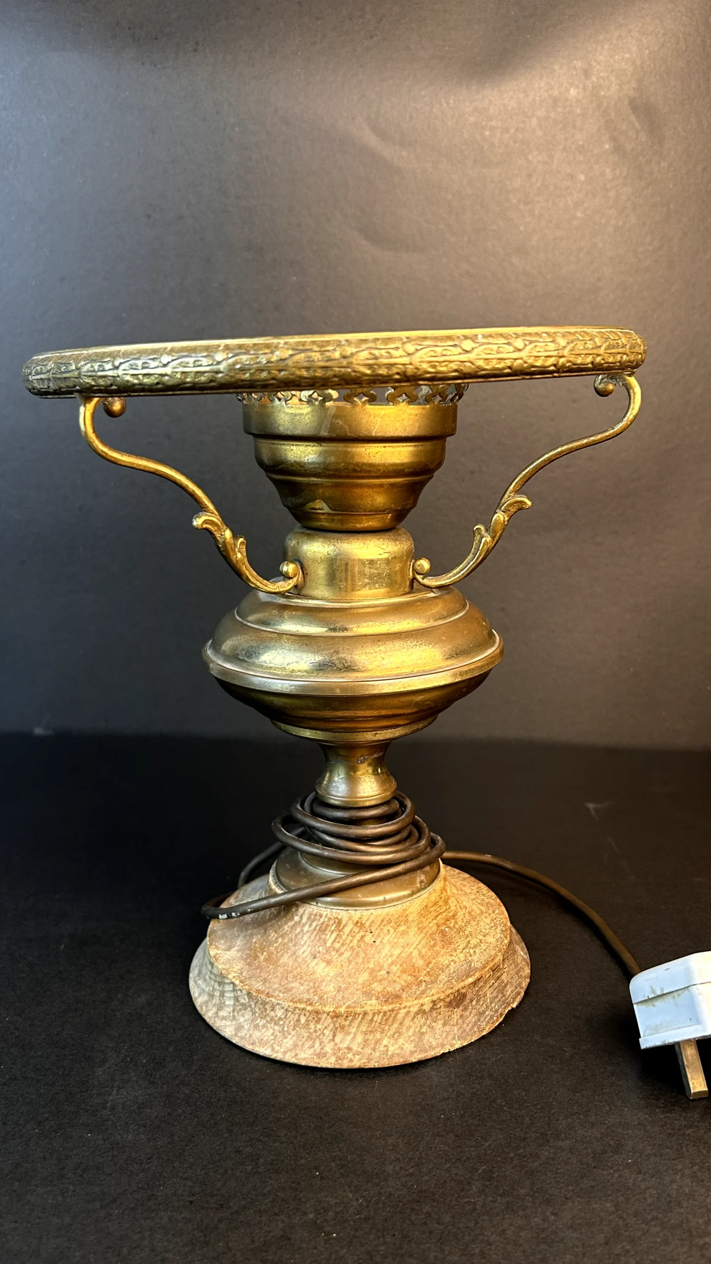 Vintage Brass Table Lamp Base with Ornate Tray Design
