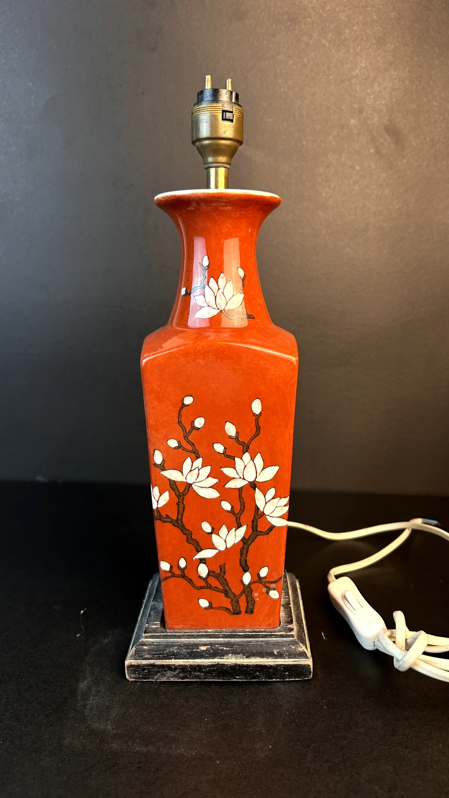 Hand-Painted Orange Ceramic Table Lamp Base with White Magnolia Blossom Design