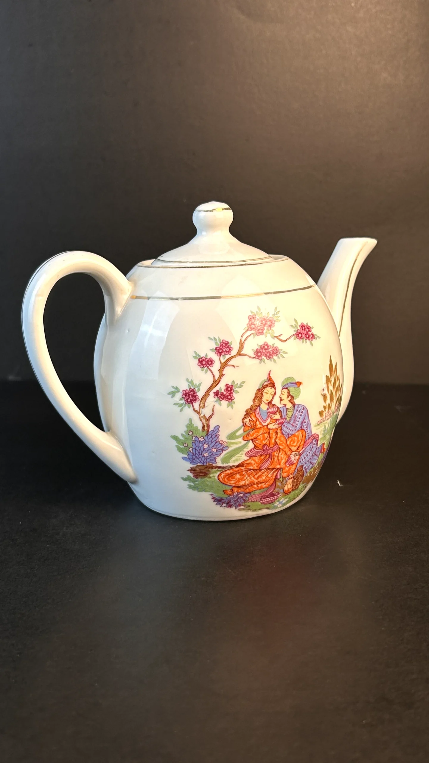 Vintage Decorative Porcelain Teapot with Romantic Courtship Scene