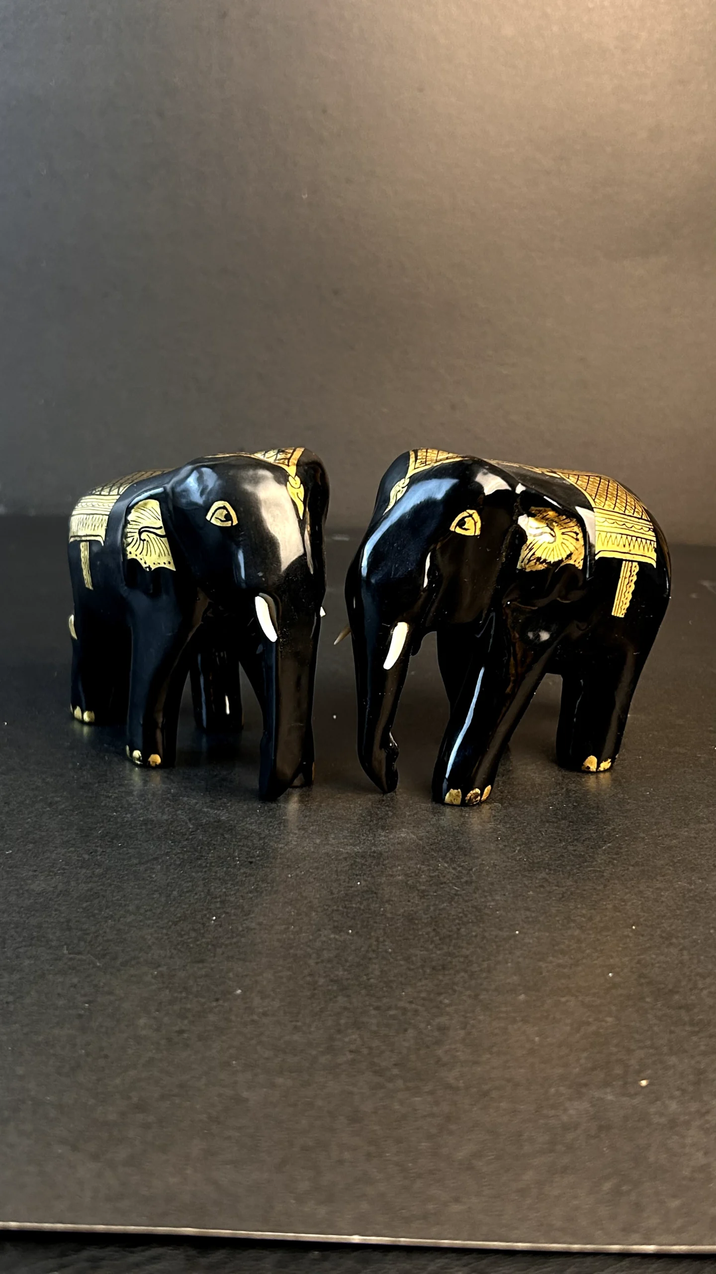 Black Hand-Carved Elephant Figurines Decorative Pair