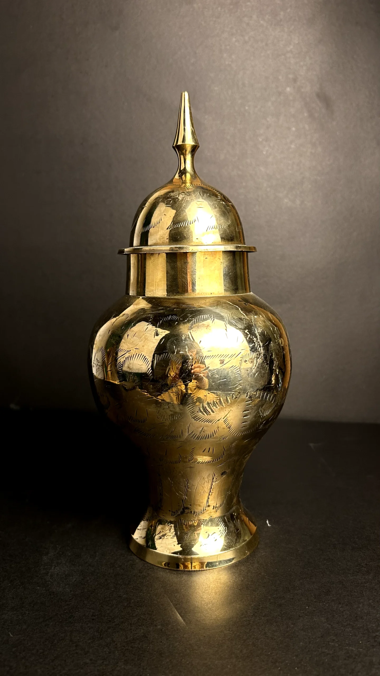 Handcrafted Engraved Brass Decorative Lidded Urn