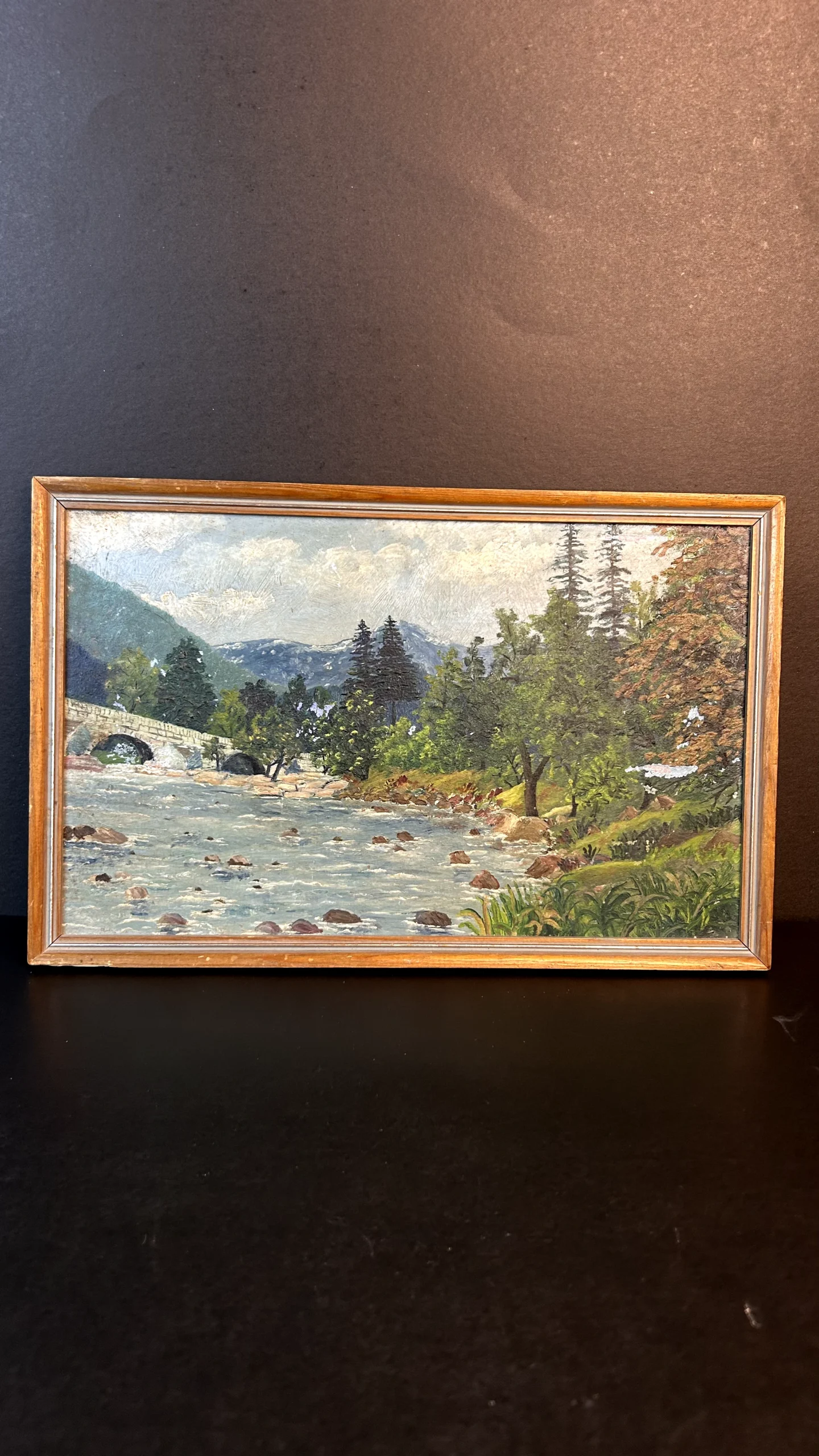 Framed Landscape River Painting with Stone Bridge and Mountain Scenery