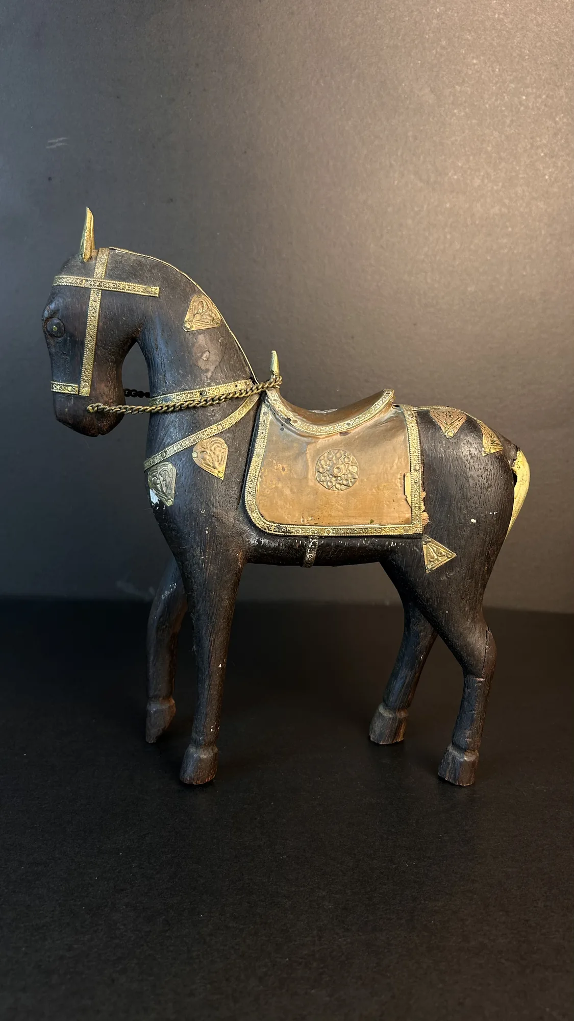 Antique Wooden Horse Figurine with Brass Metal Accents