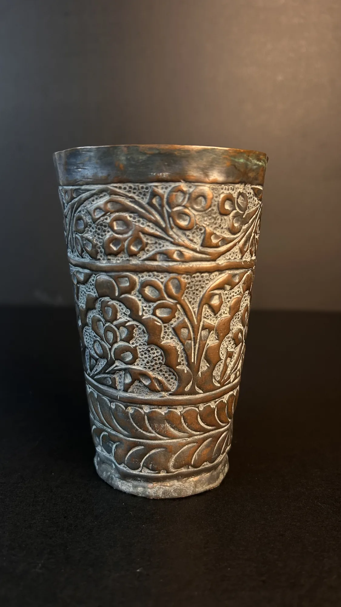 Vintage Copper Cup with Embossed Floral Design