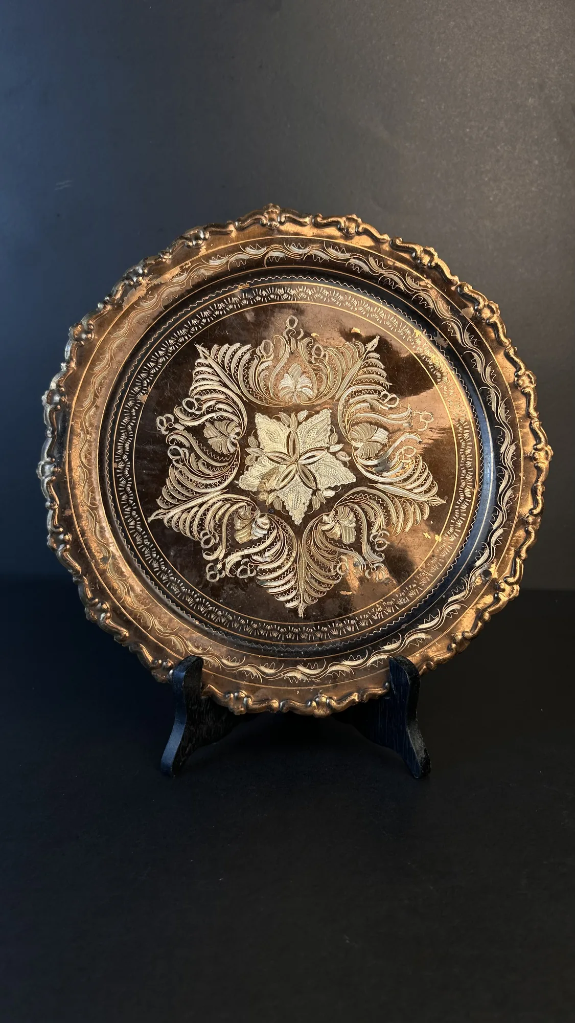 Vintage Etched Brass Decorative Tray