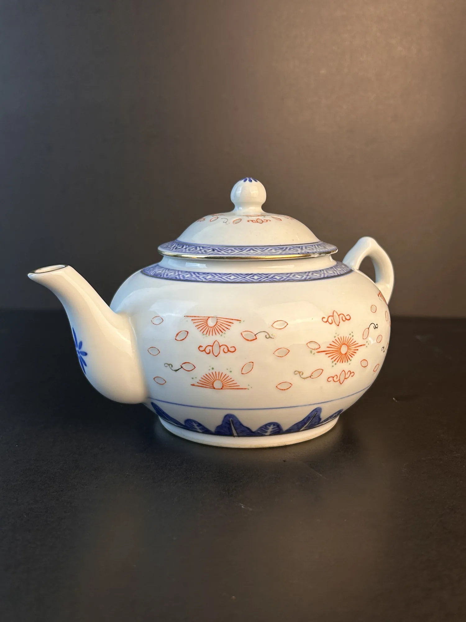 Porcelain Teapot with Blue and Orange Pattern and Lid