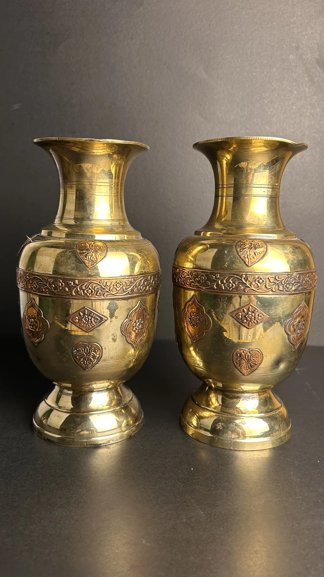 Pair of Brass Vases with Etched Floral and Geometric Motifs