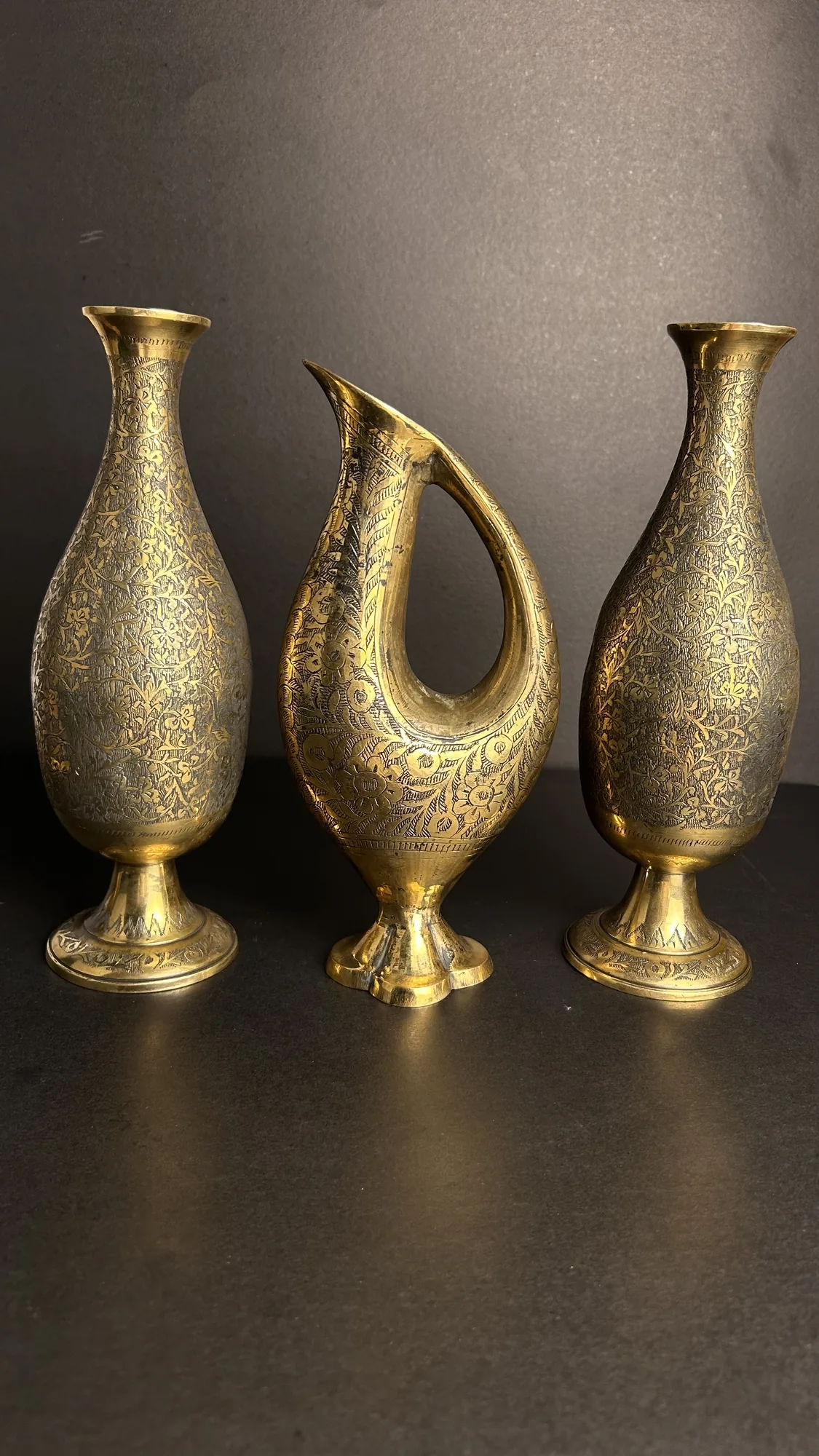 KASHMIRI Vintage Brass Etched Vases and Pitcher Set