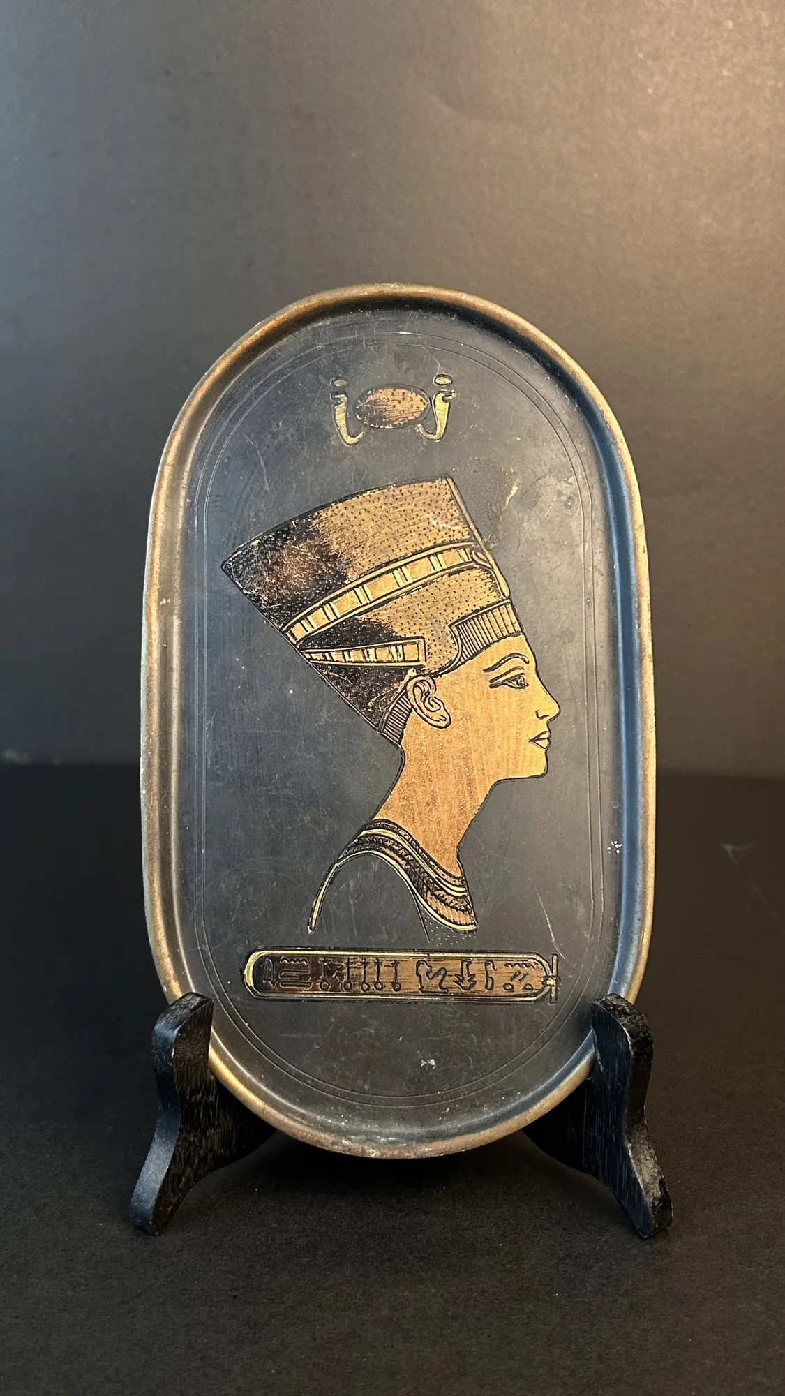Egyptian Revival Style Metal Tray Featuring Queen Nefertiti