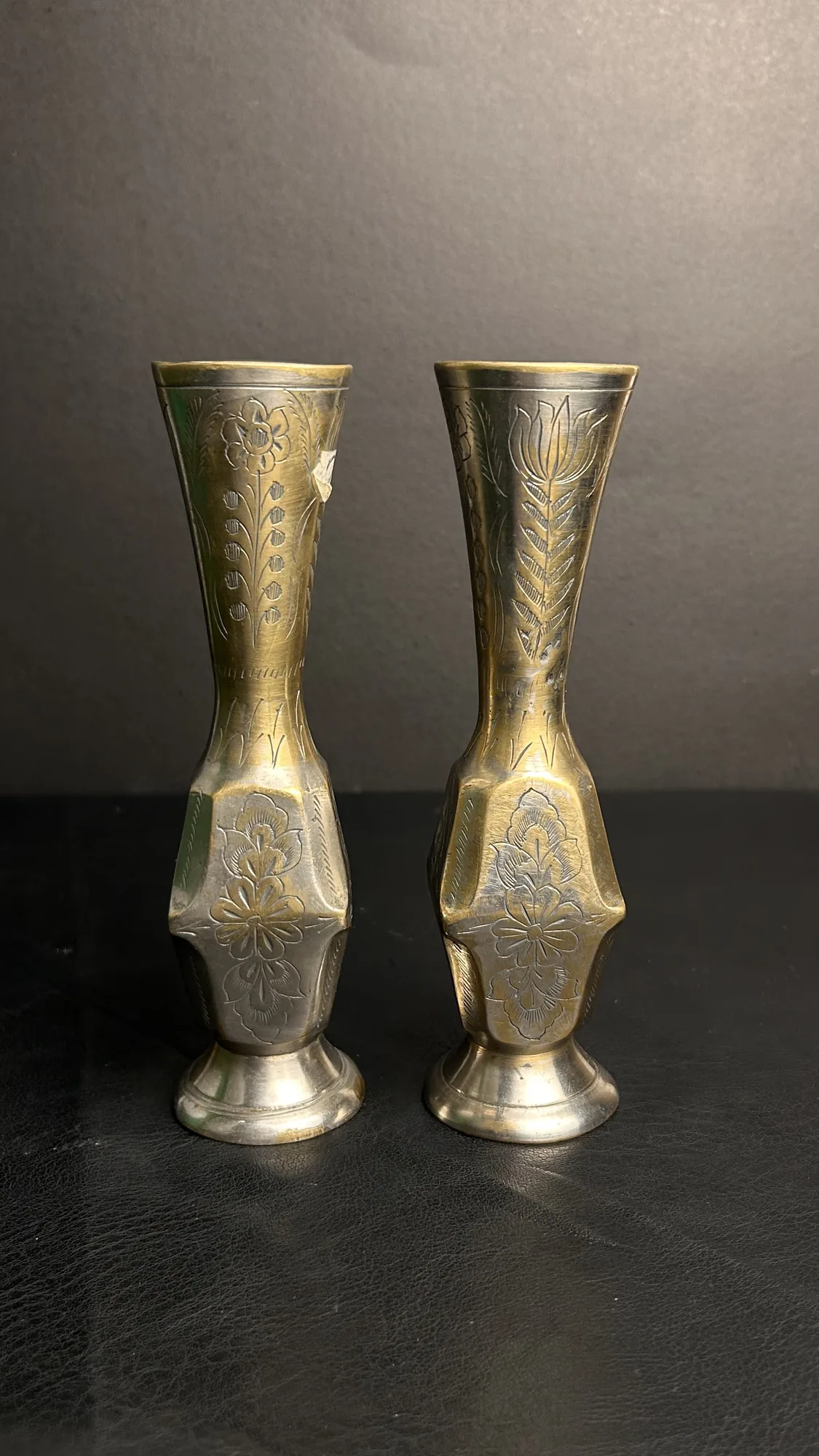 Vintage Metal Vases Set with Etched Floral Design