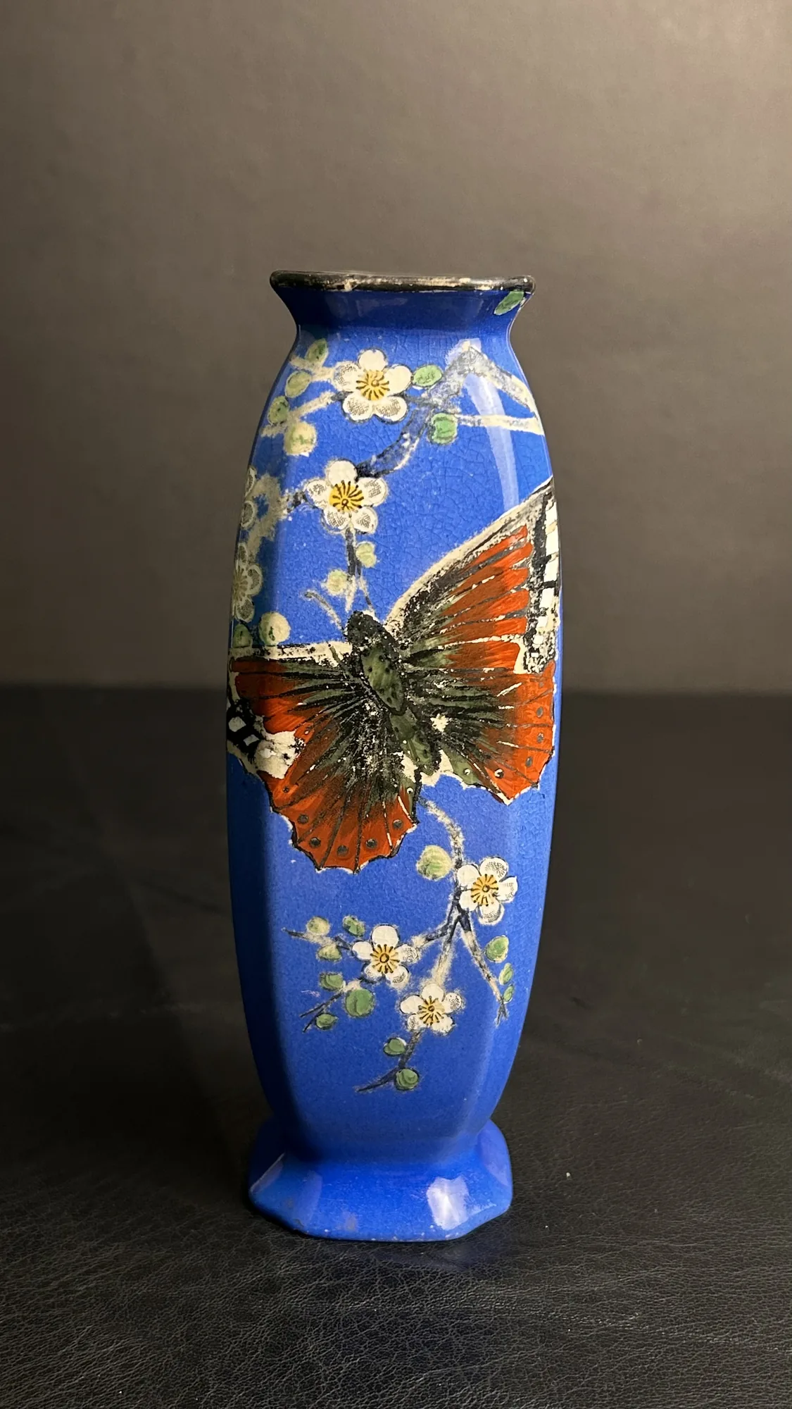 Blue Ceramic Vase with Butterfly and Floral Design