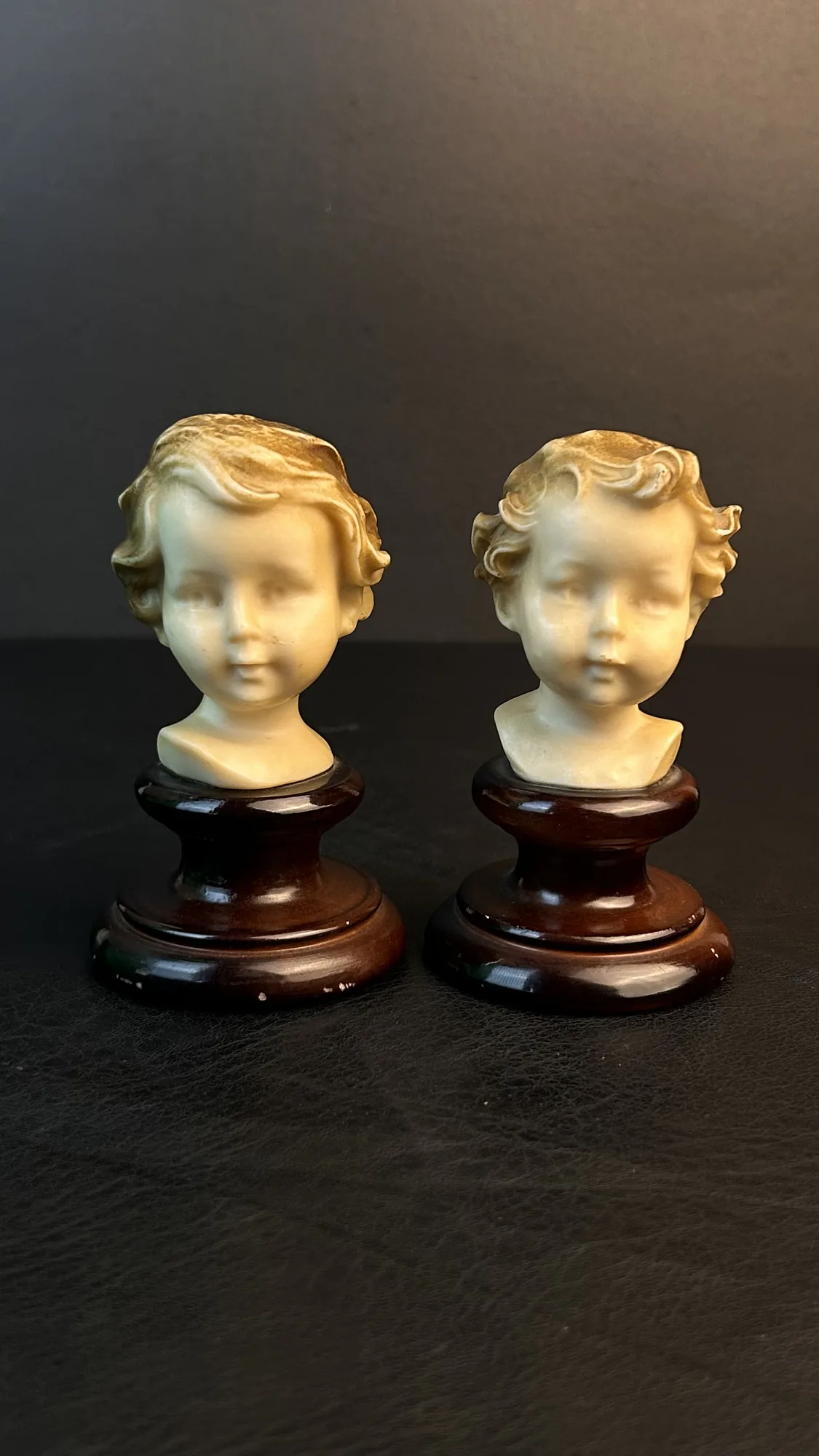 Vintage Figurine Cherub Bust Pair on Wooden Bases