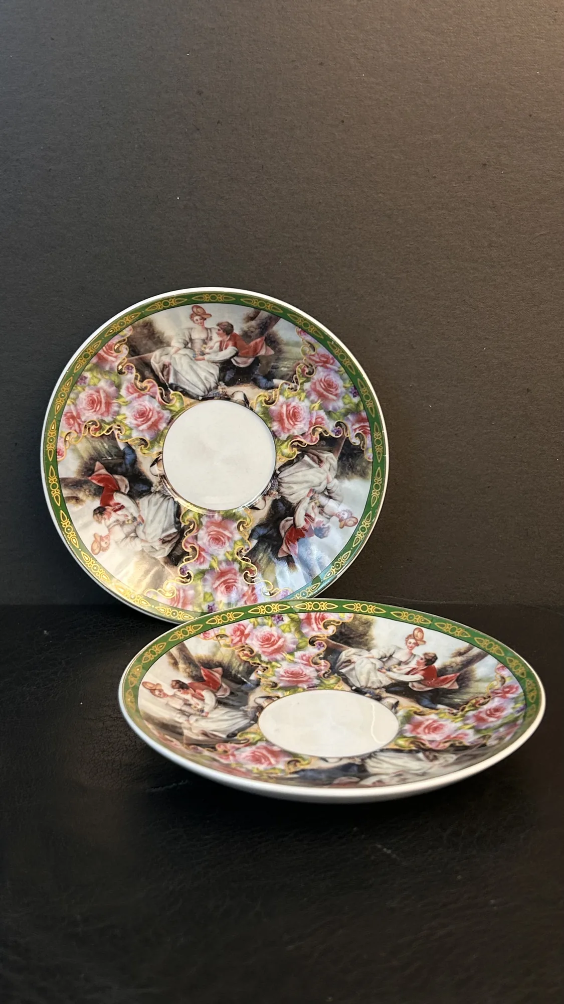 Vintage Decorative Porcelain Saucer with Romantic Scene and Floral Pattern