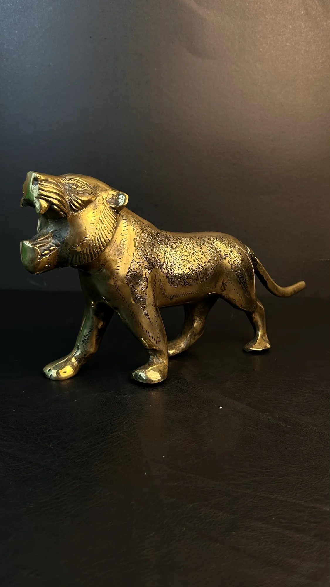 Brass Tiger Figurine with Etched Floral Details