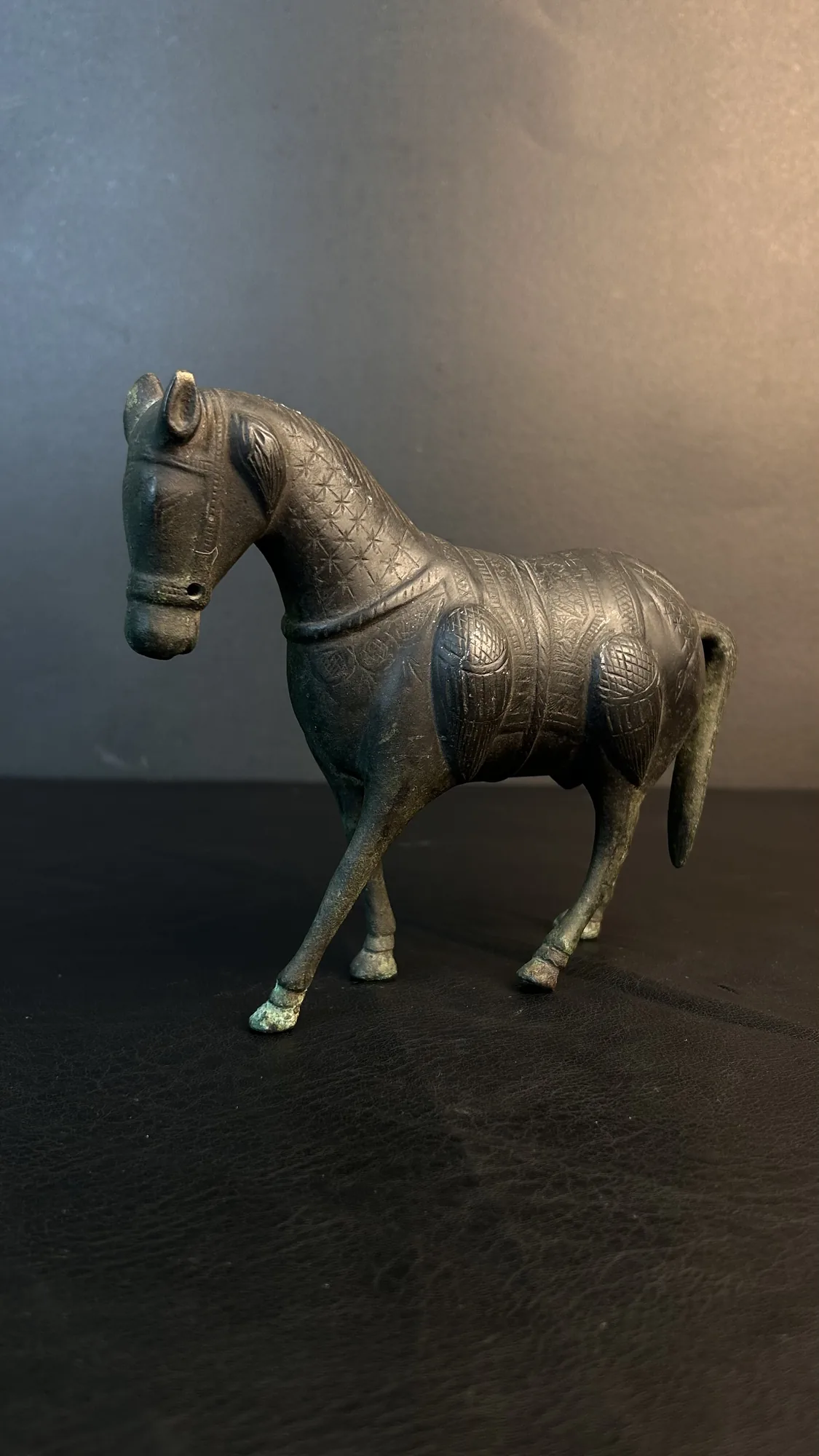Antique Brass Horse Figurine with Etched Details