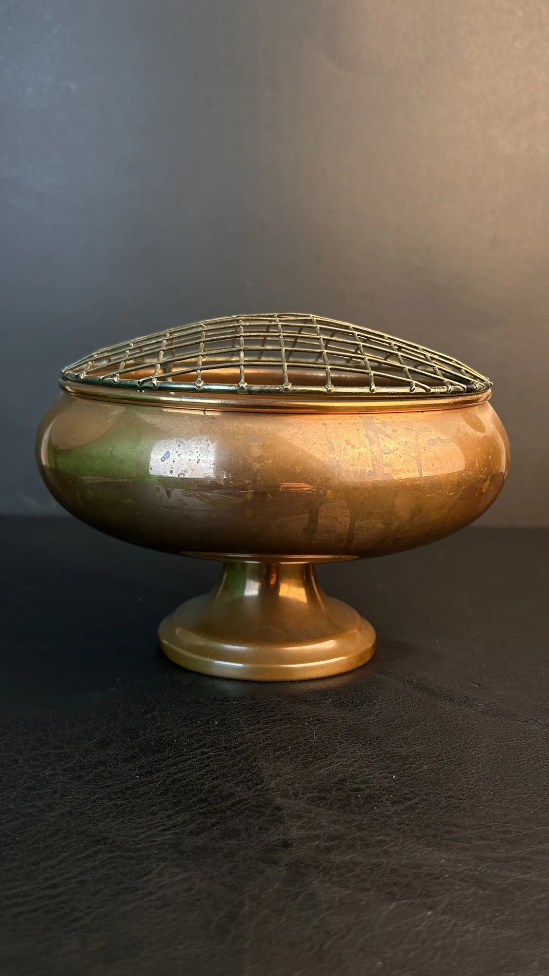 Vintage Brass Compote Bowl with Floral Frog Grid