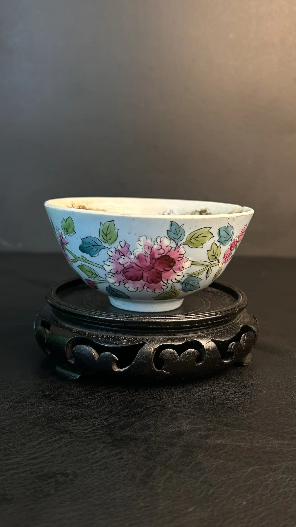 Floral Decorated Ceramic Bowl with Wood Stand