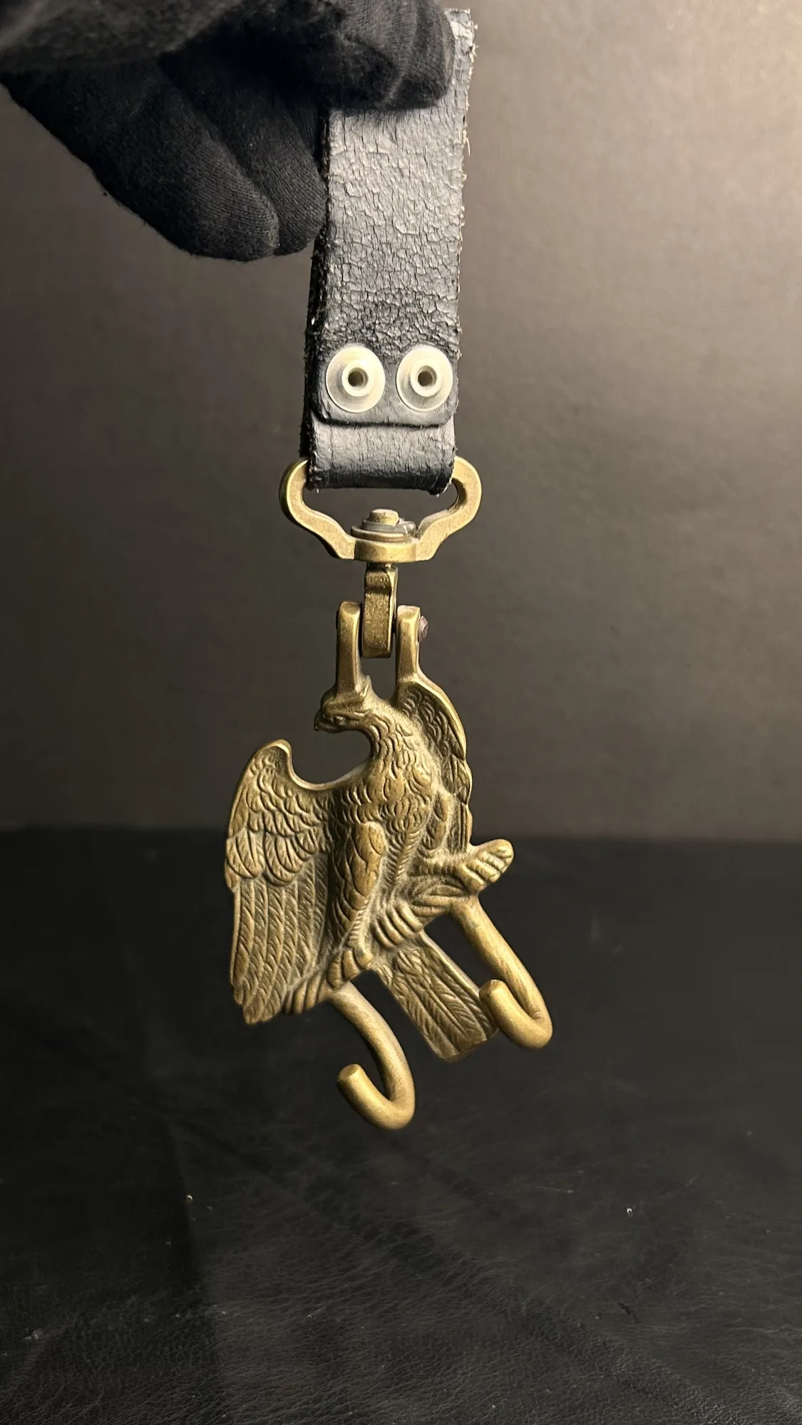 Vintage Brass Eagle Keychain with Leather Strap