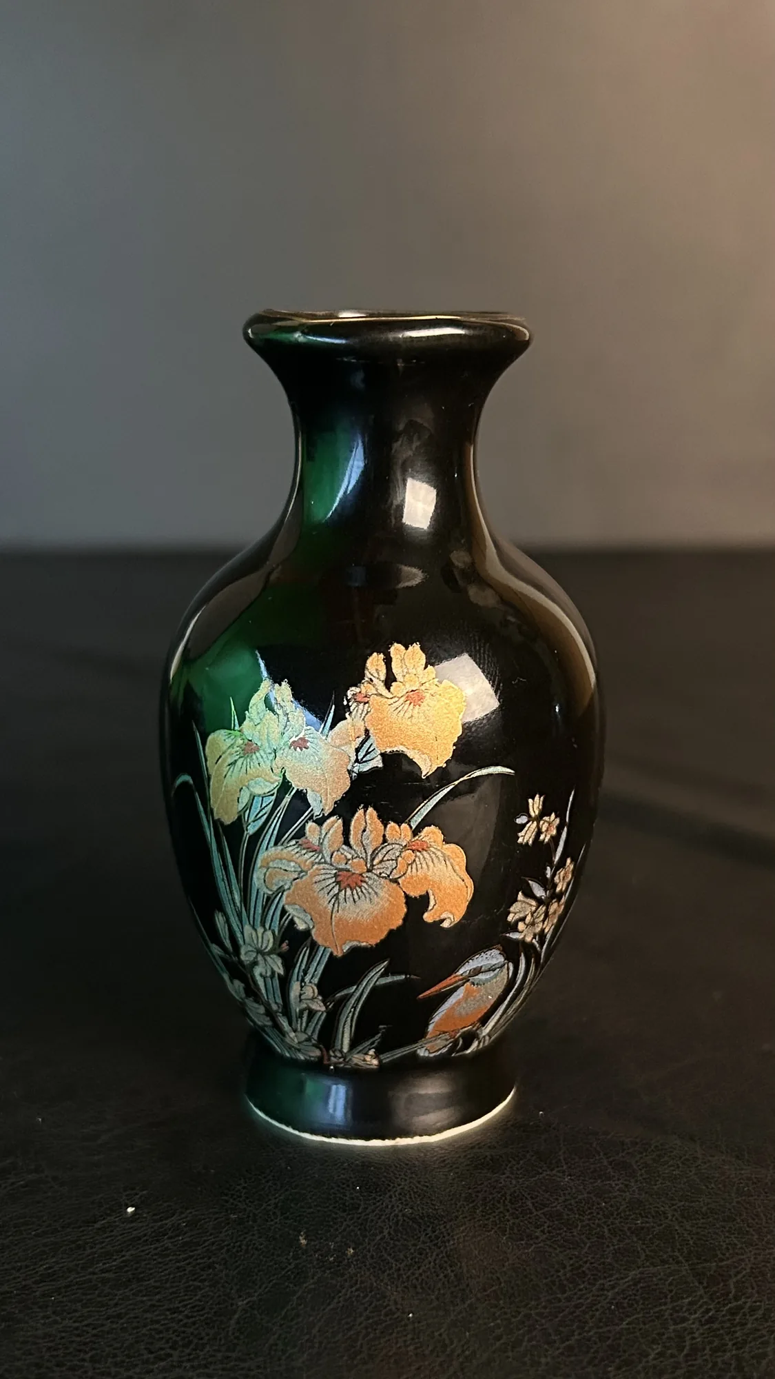 Vintage Black Floral Ceramic Vase with Painted Flowers