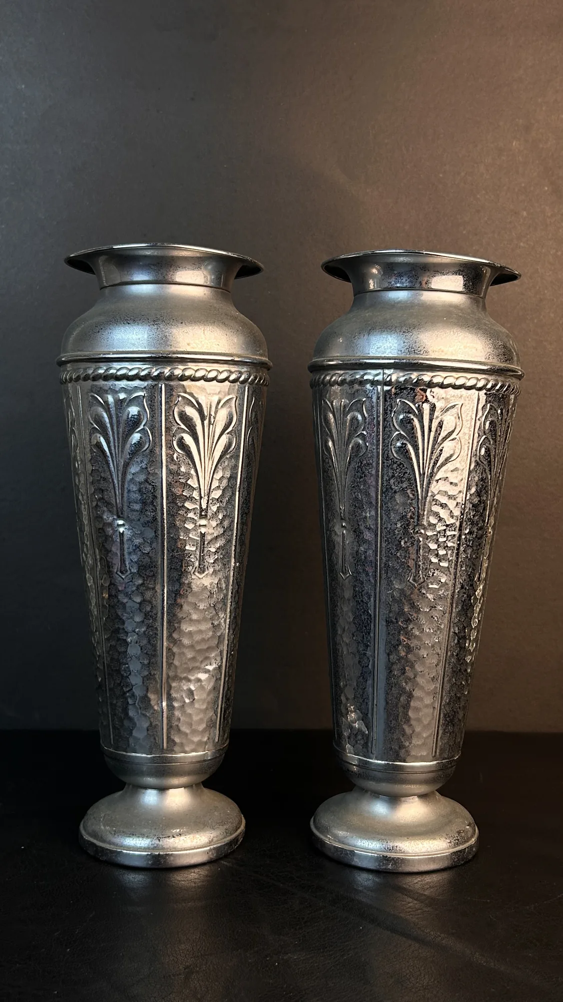 Vintage Metal Vases Pair with Embossed Floral Motifs