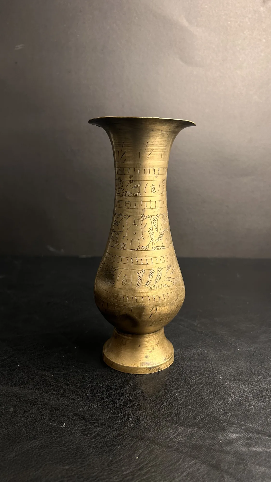 Vintage Etched Brass Vase with Floral Motifs