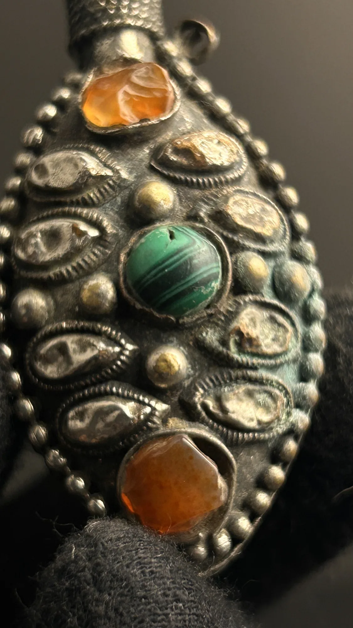 Vintage Stone-Set Metal Pendant with Amber and Green Stones