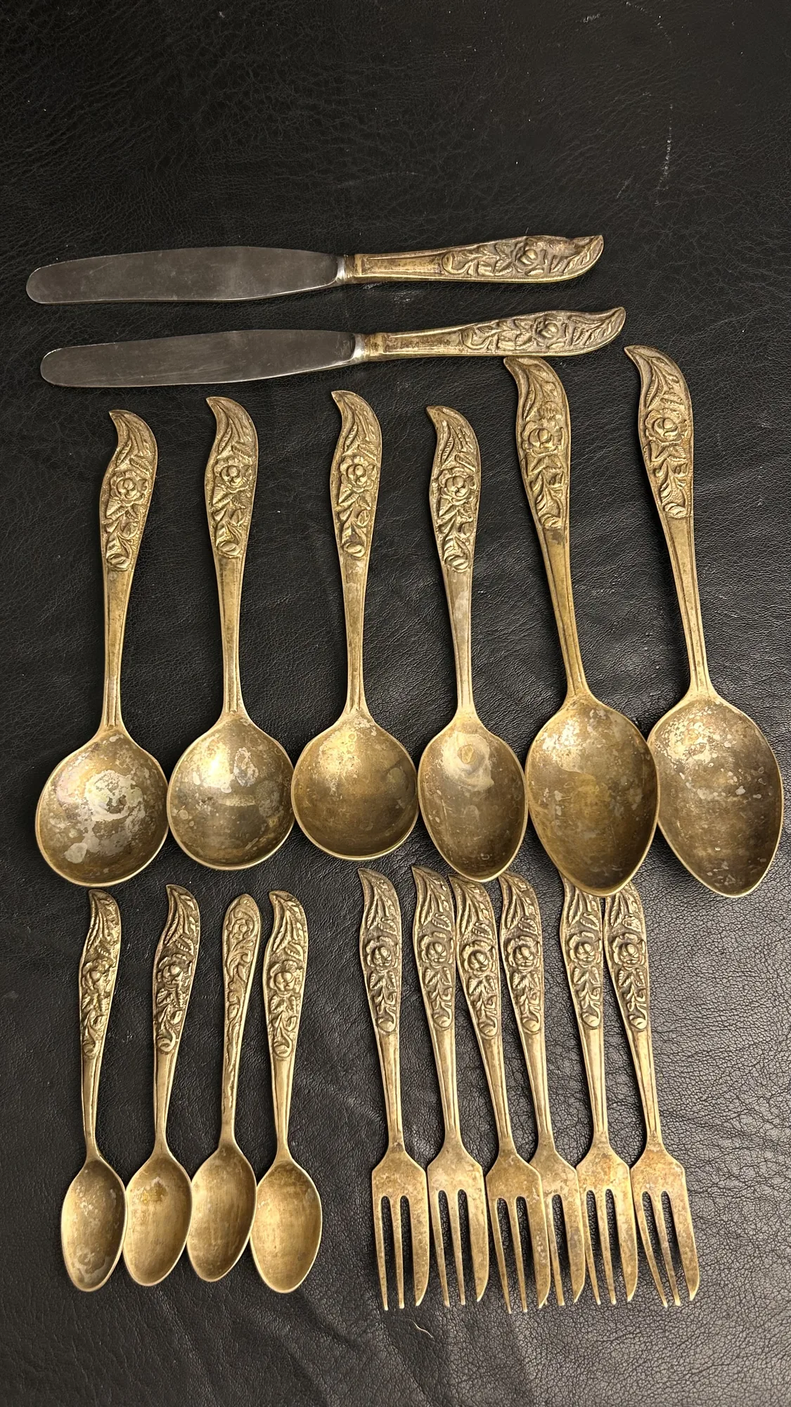 Vintage Brass Flatware Set with Floral Handles