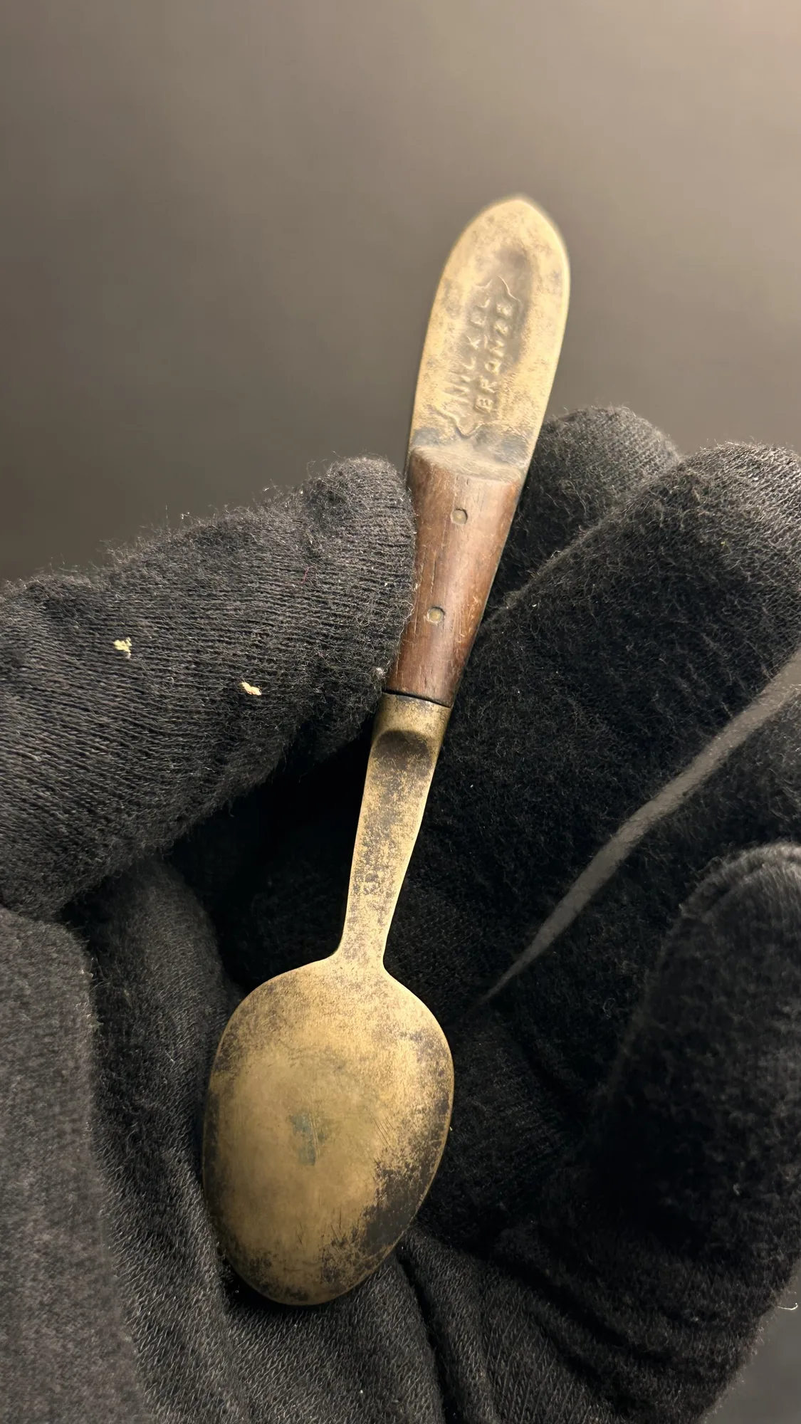 Vintage Metal Spoon with Wooden Handle and Inscription