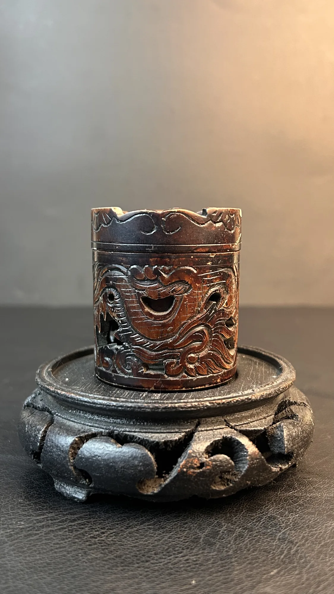 Carved Wood Container with Stand