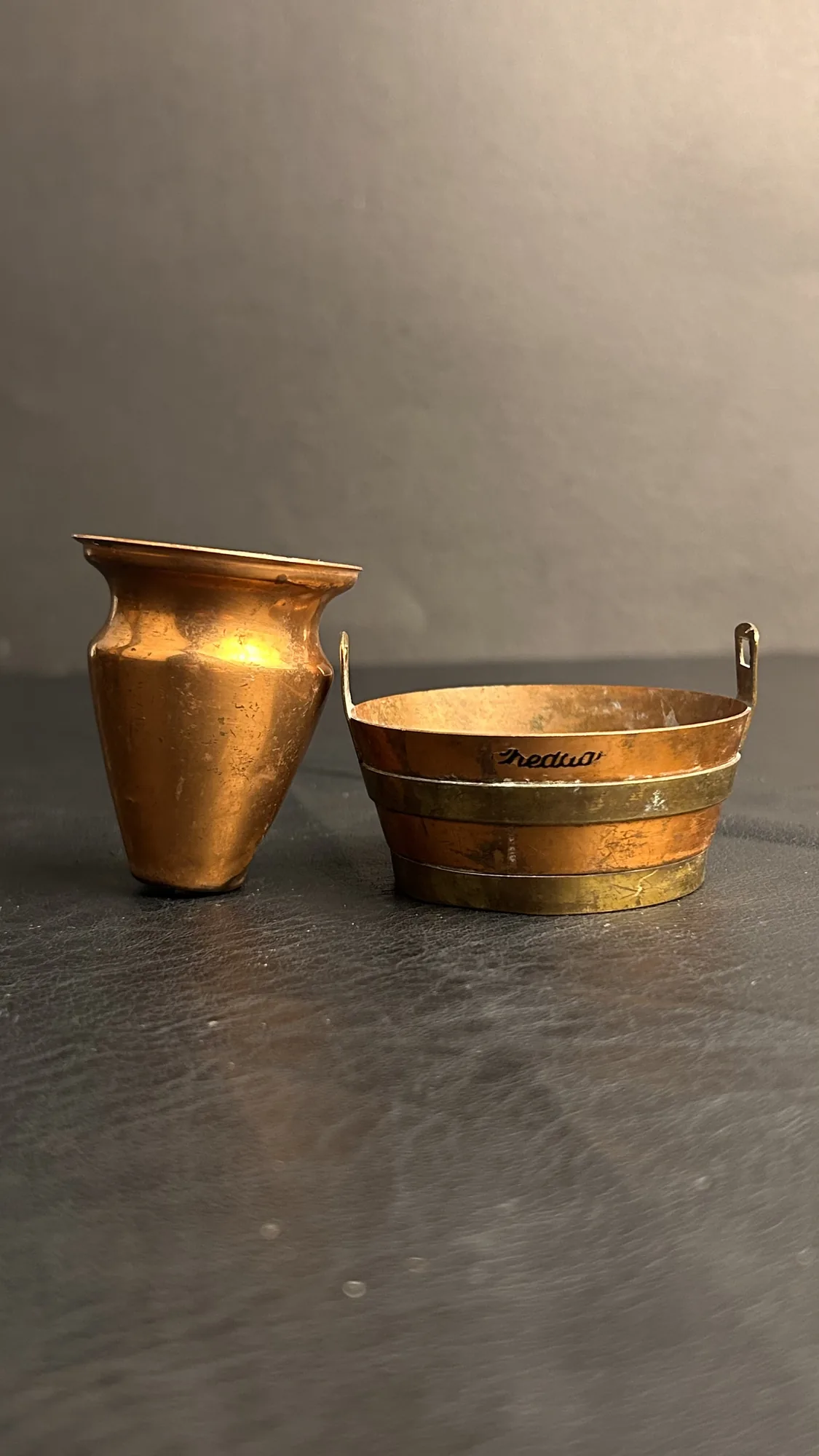 Vintage Copper Miniature Vase and Bucket Set
