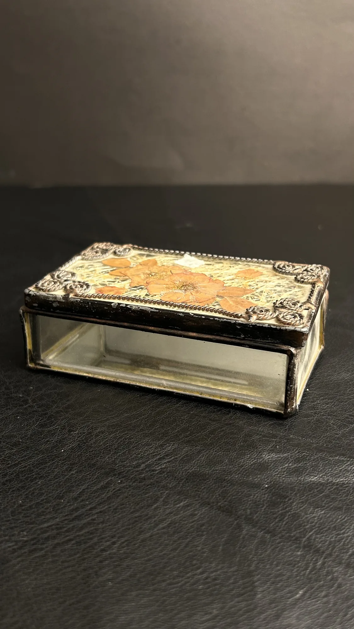 Vintage Glass Trinket Box with Pressed Floral Lid