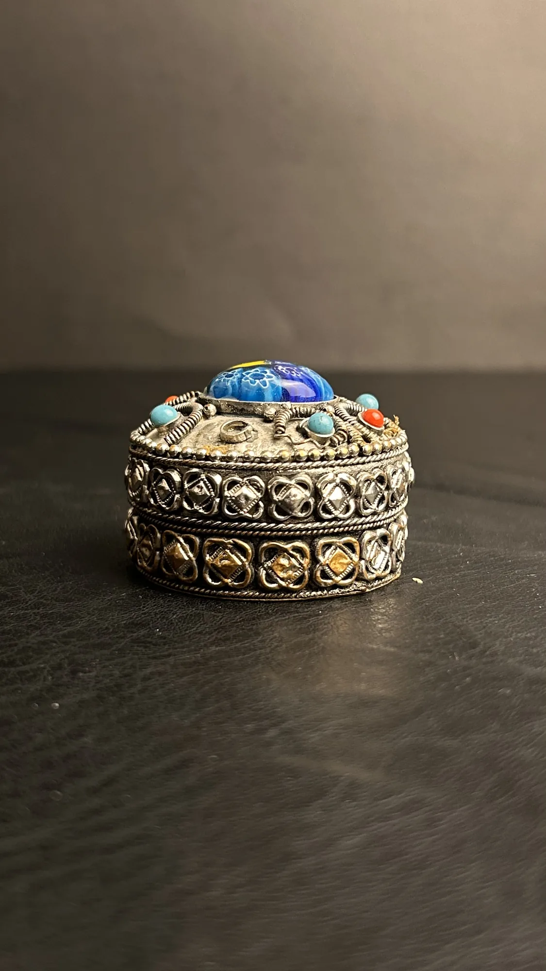 Ornate Decorative Metal Trinket Box with Colored Stones