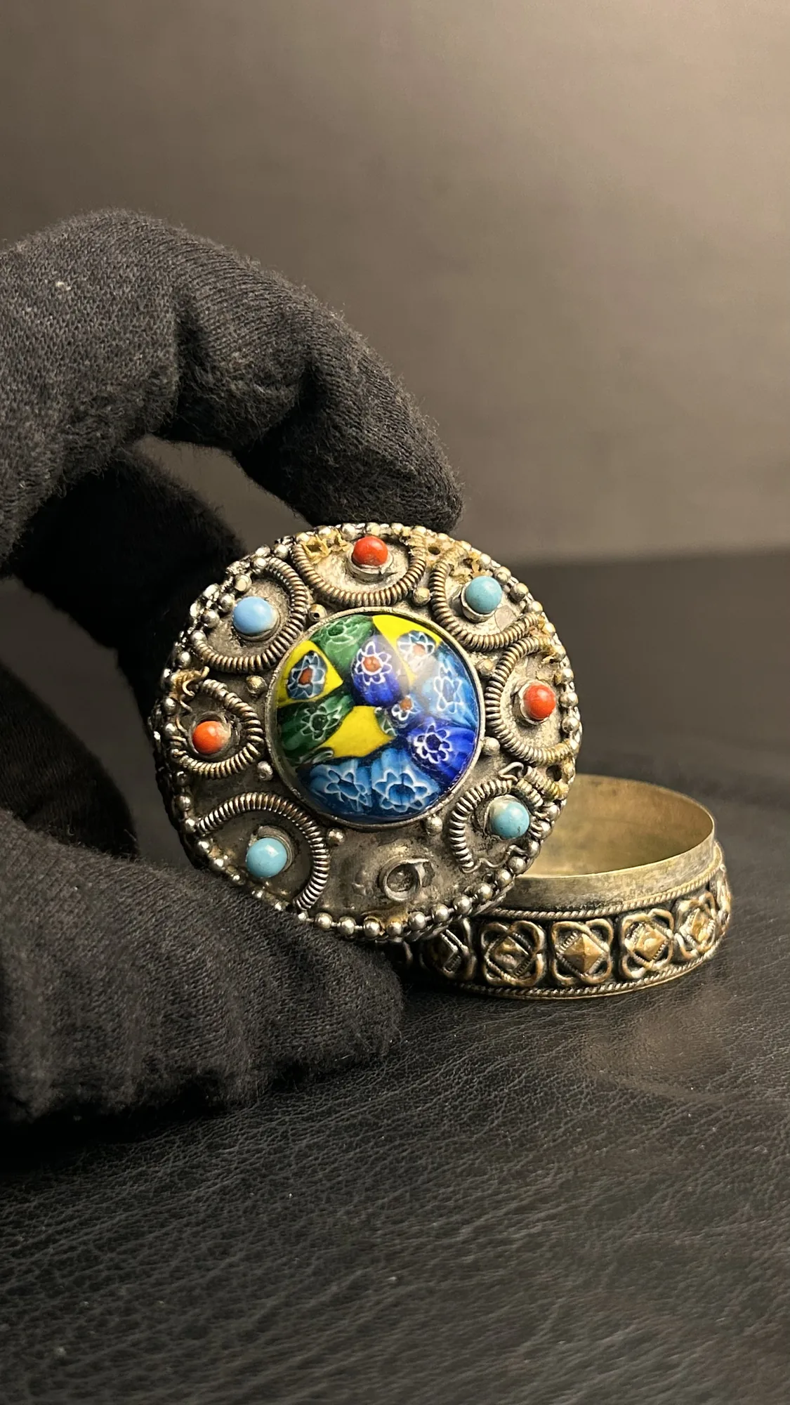 Ornate Decorative Metal Trinket Box with Colored Stones